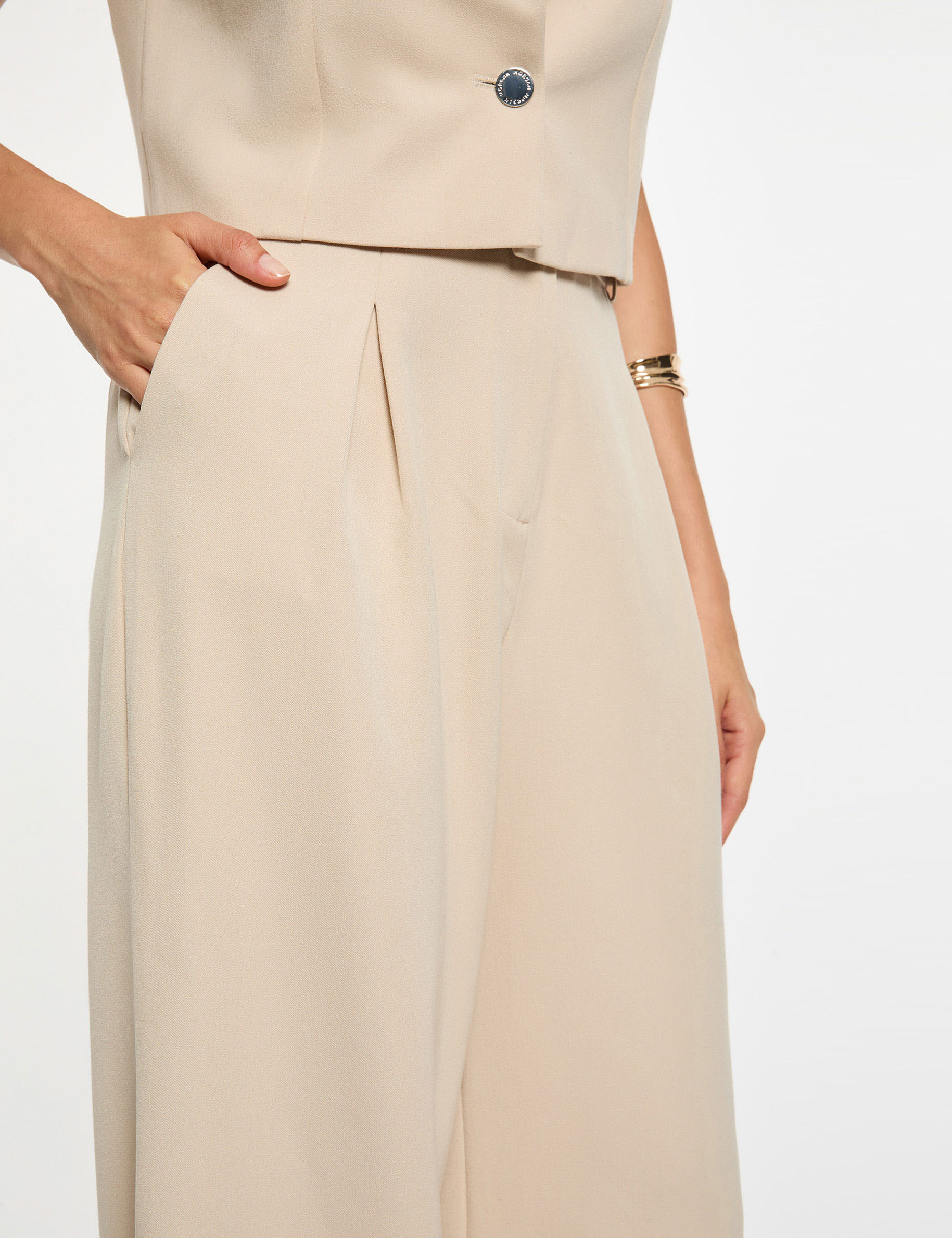 Pantalon large taille haute beige femme Morgan