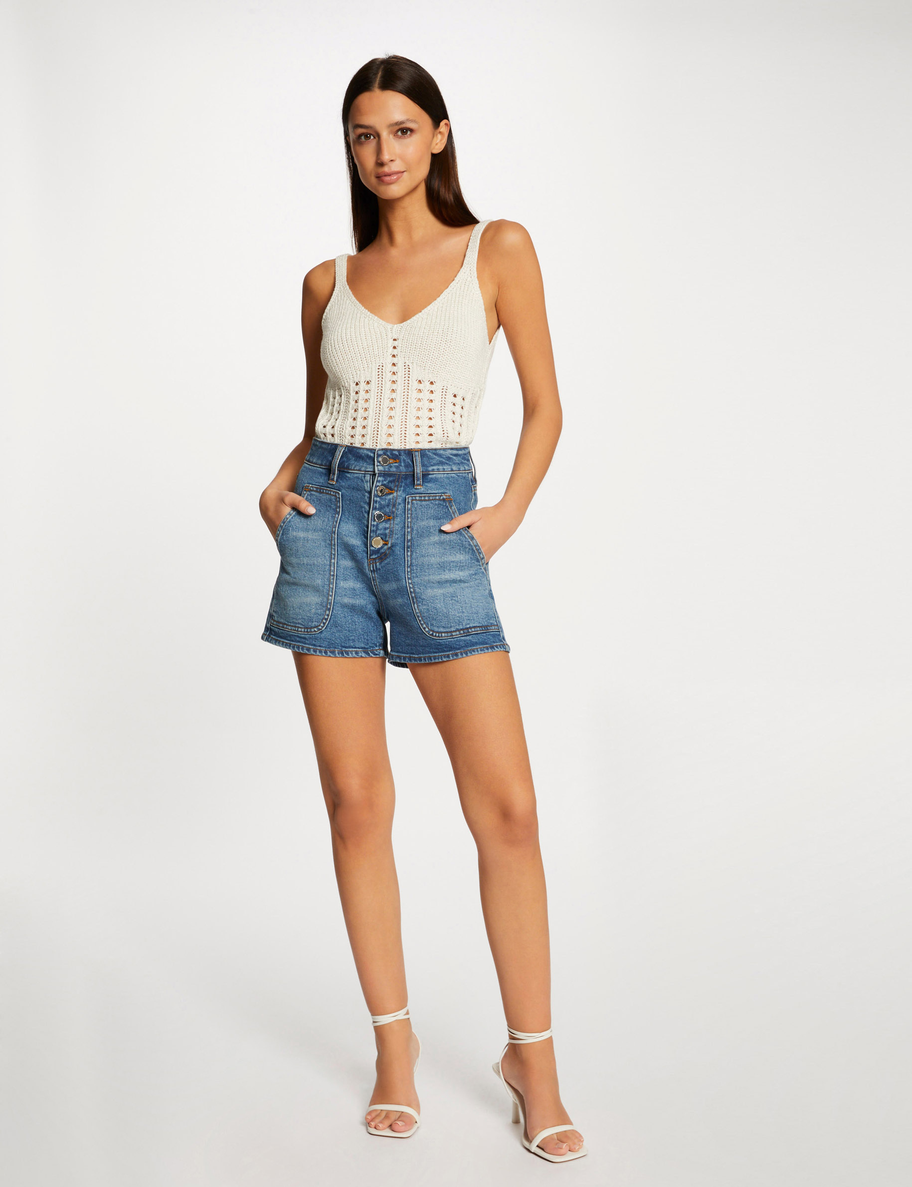 Débardeur pull à détails ajourés beige femme Débardeur pull à détails ajourés beige femme