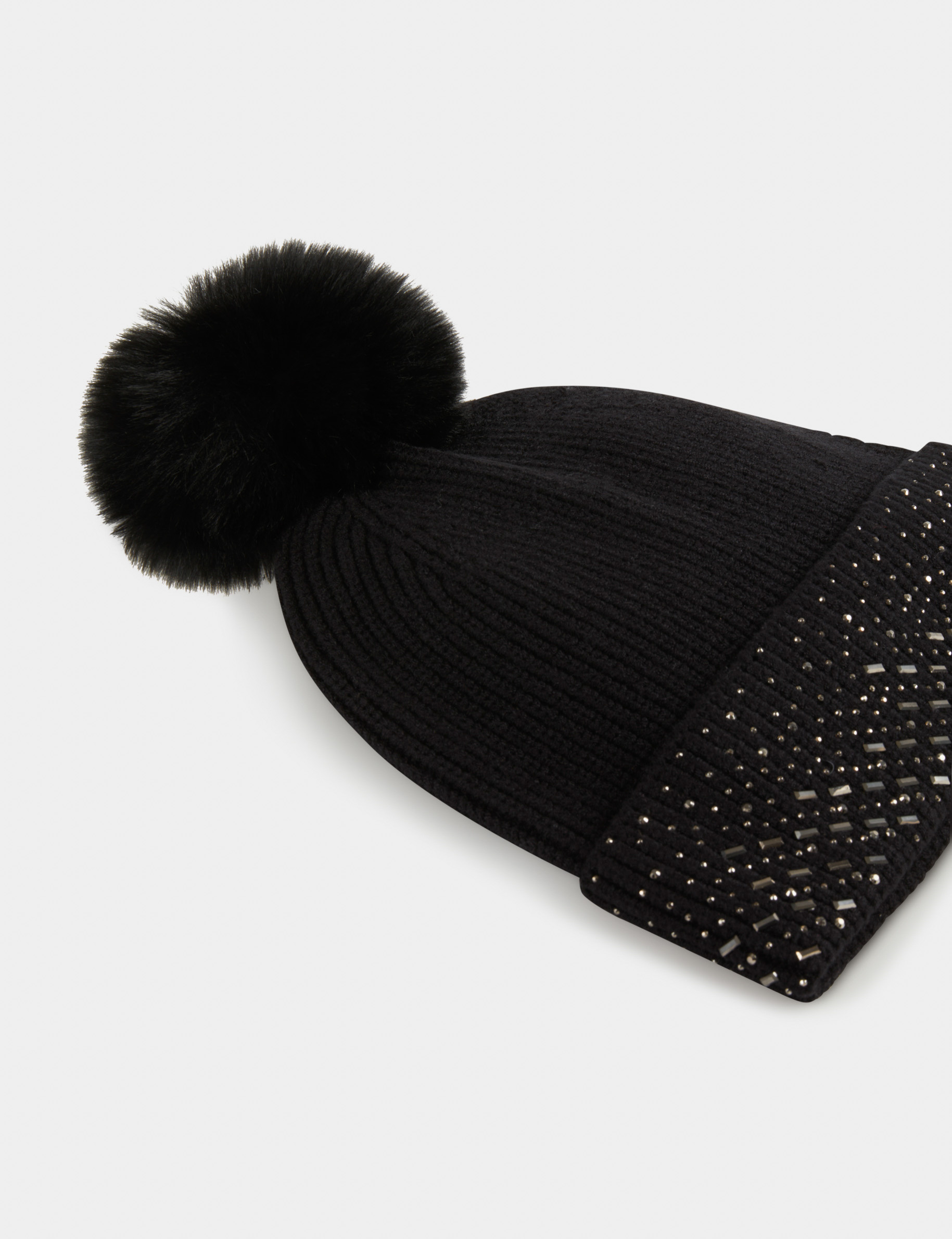 bonnet avec strass et pompon noir femme Bonnet avec strass et pompon noir femme