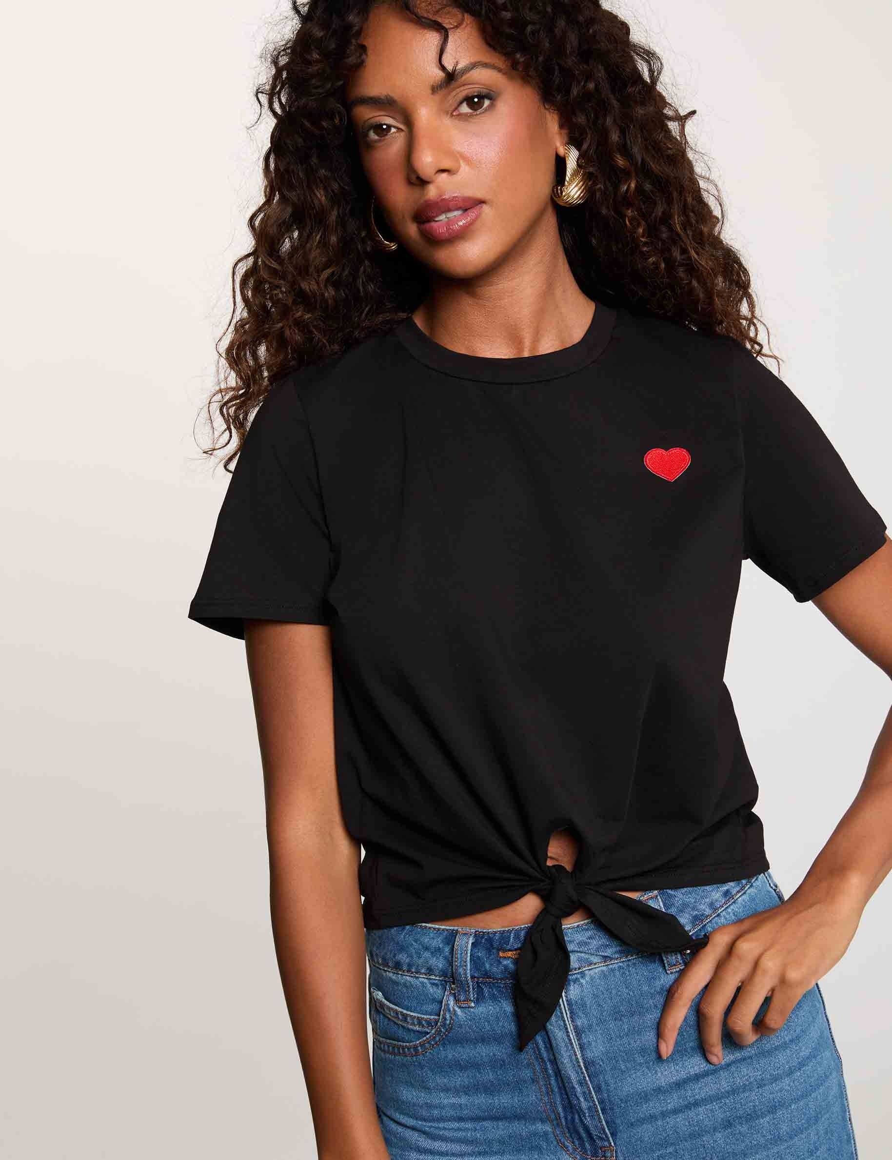 T-shirt noeud col rond noir femme