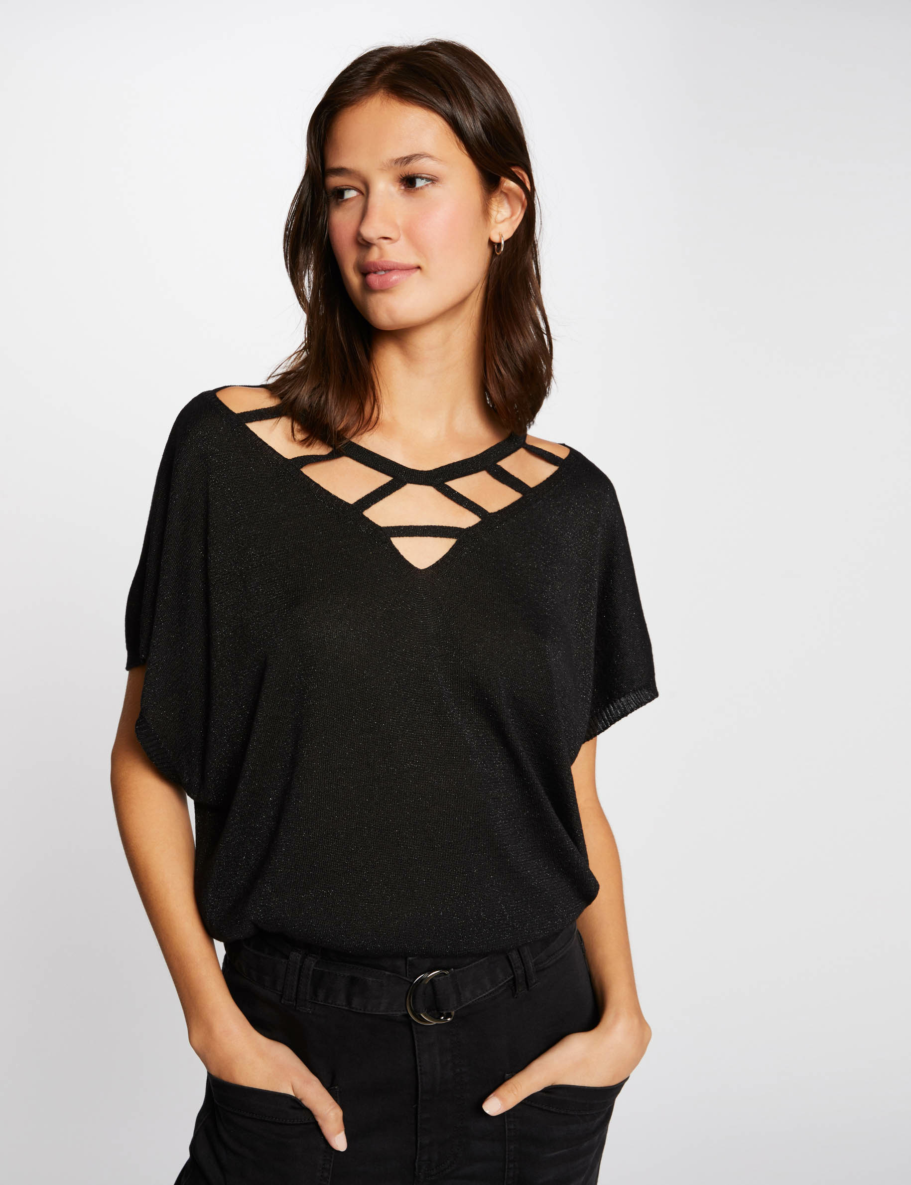 Pull manches courtes avec ouvertures noir femme Morgan
