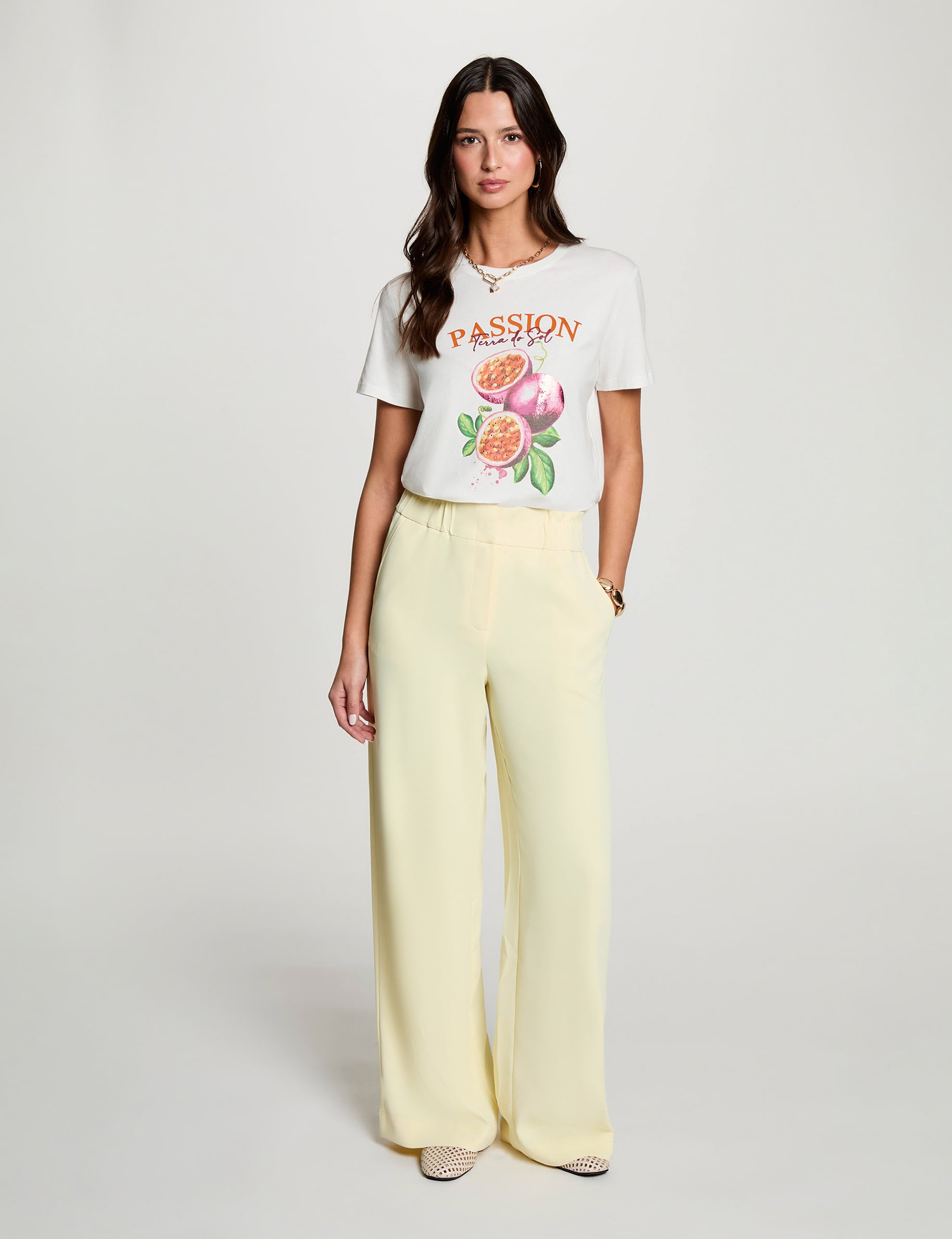 Pantalon large taille haute jaune pastel femme