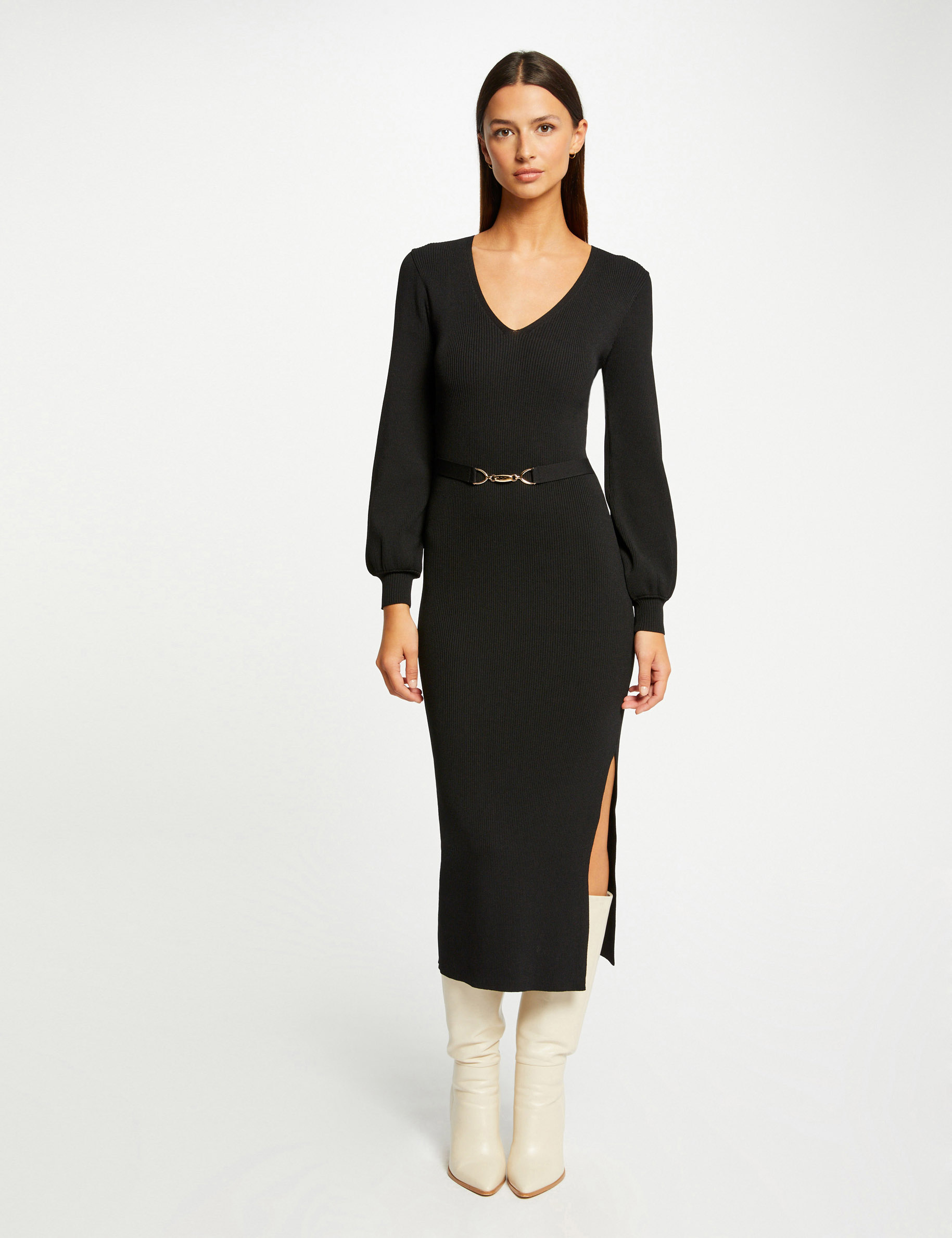 robe pull longue ajustee a ornement noir femme Robe pull longue ajustée à ornement noir femme