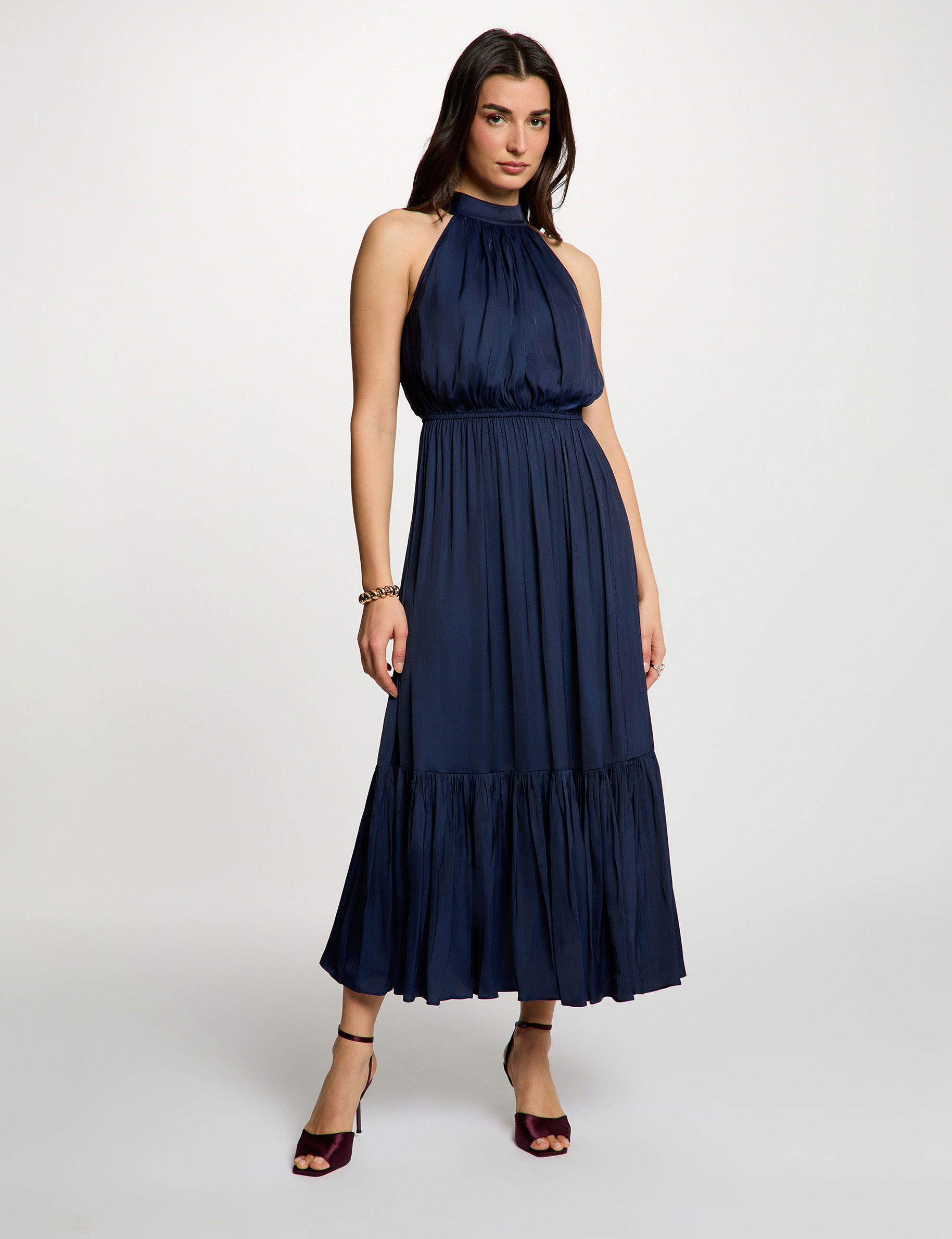 Robe longue &eacute;vas&eacute;e fluide bleu marine femme