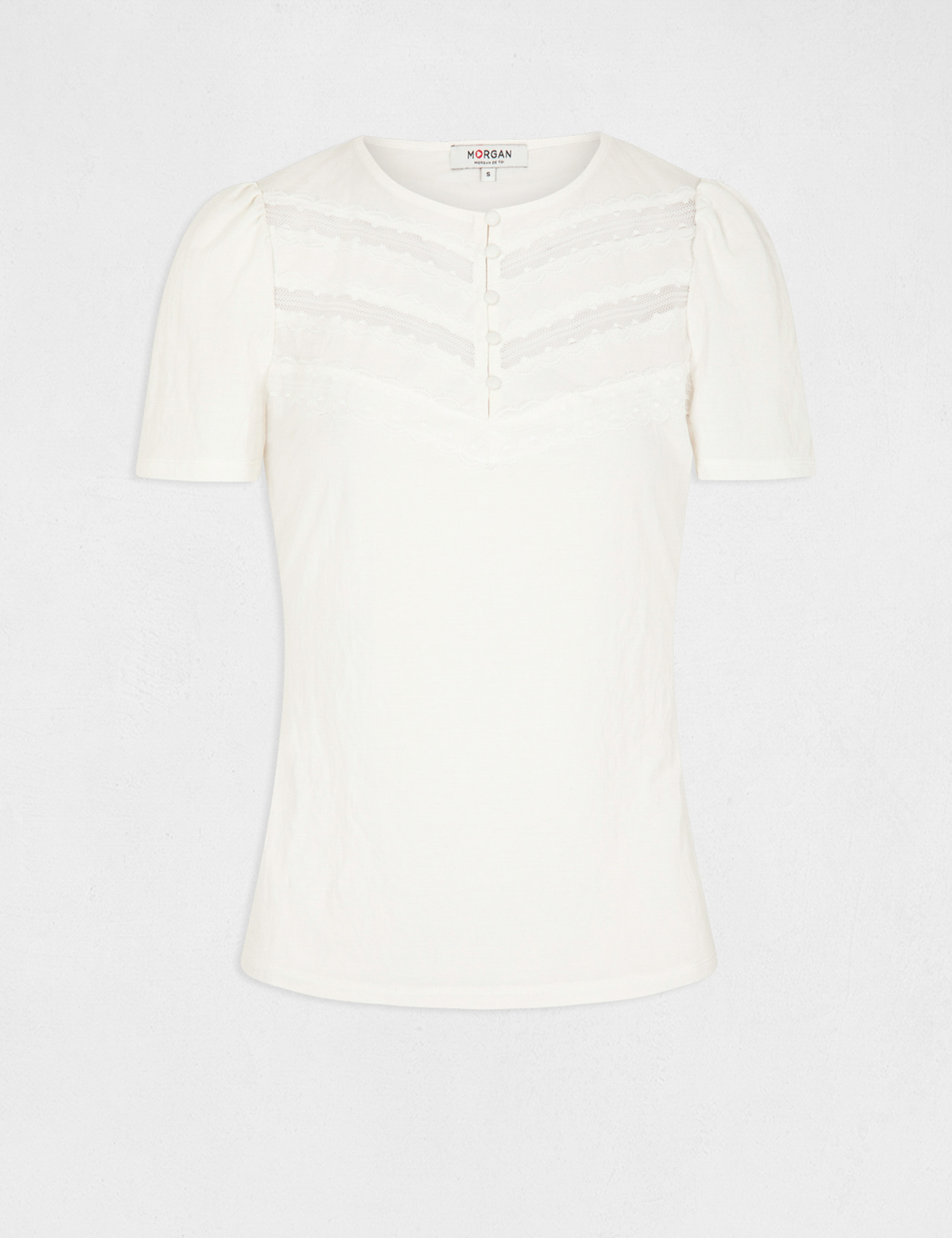 T-shirt manches courtes avec dentelle ecru femme T-shirt manches courtes avec dentelle ecru femme