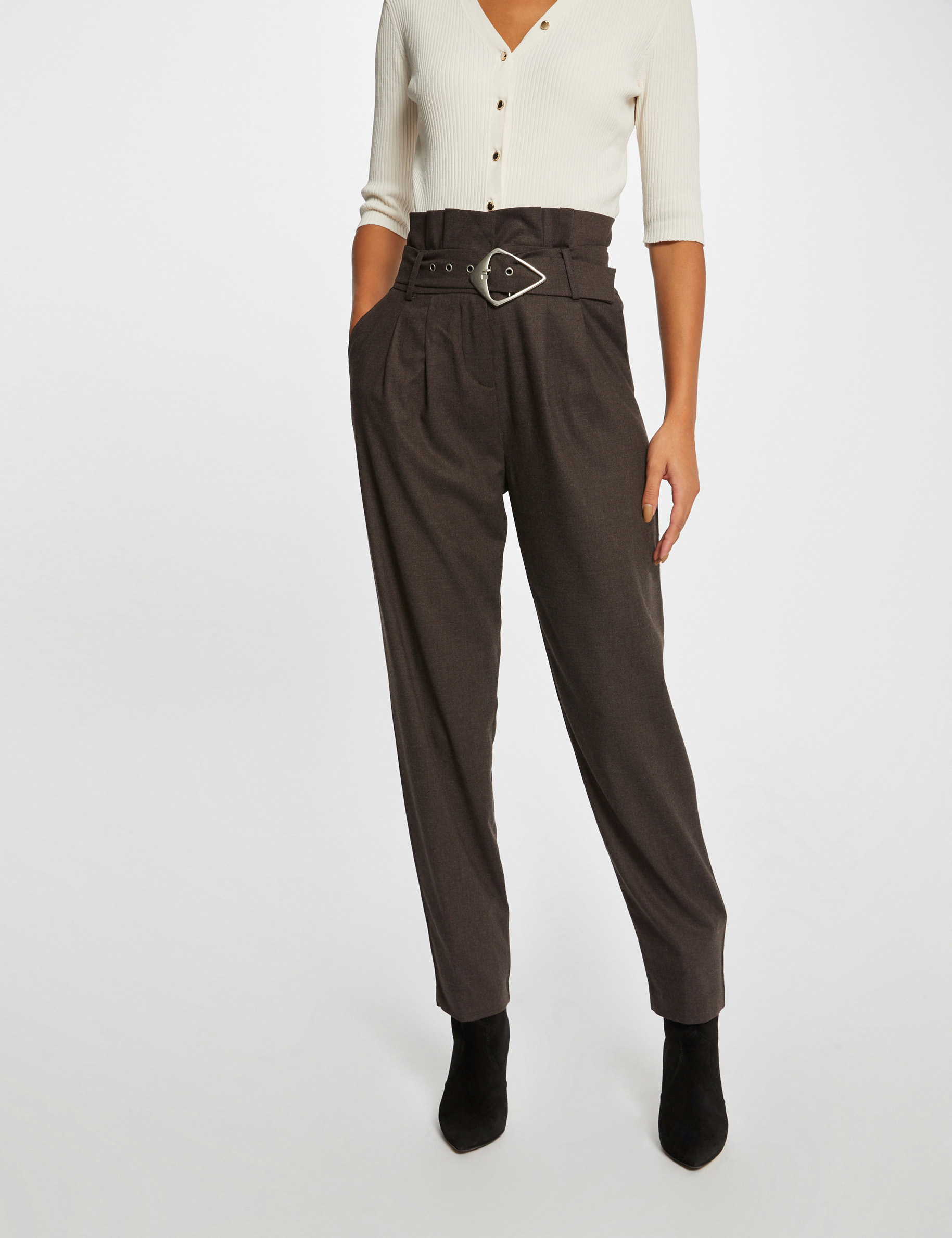 Pantalon paperbag ceinturé marron femme