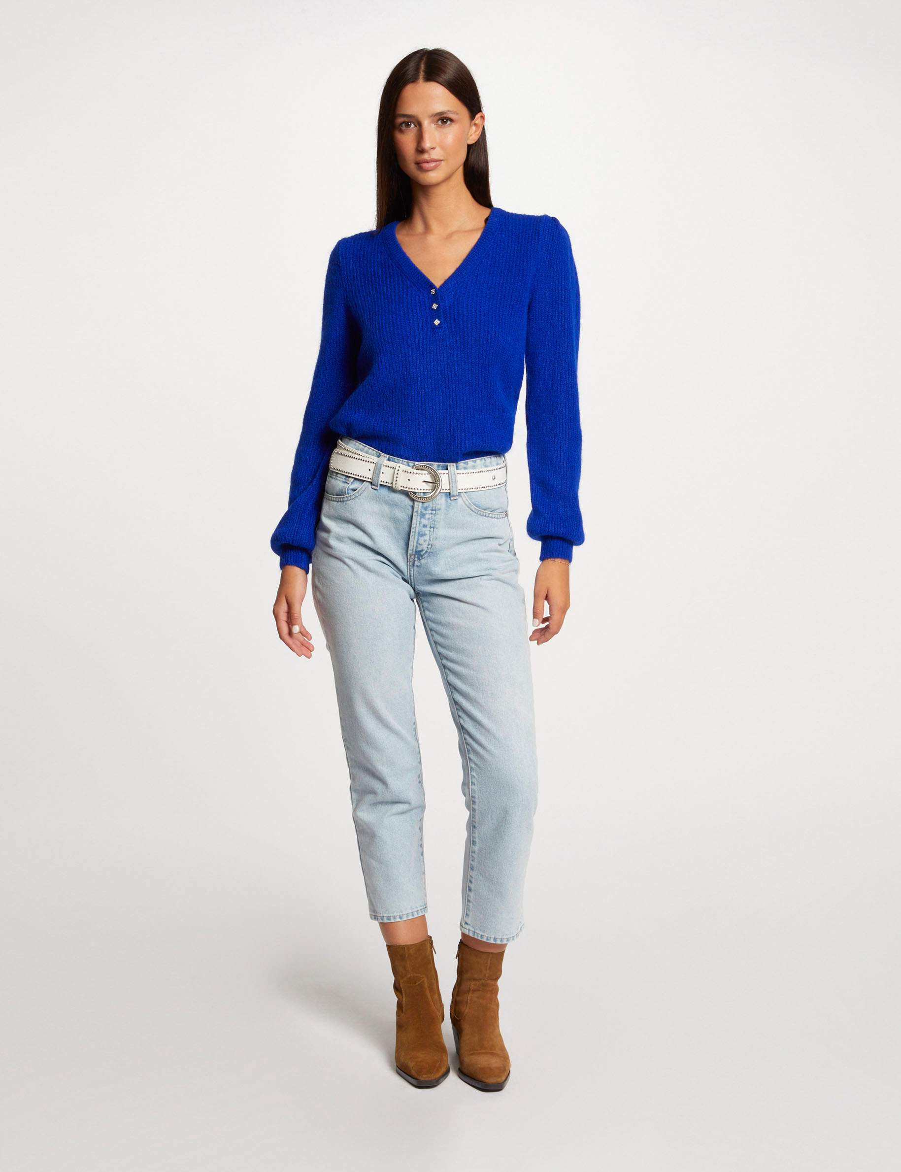 pull manches longues col en v bleu electrique femme Pull manches longues col en V bleu electrique femme