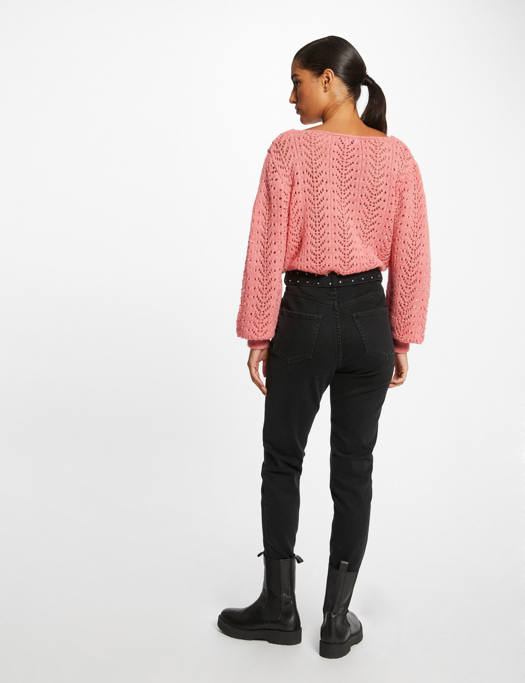Pull manches longues à détails ajourés rose femme Pull manches longues à détails ajourés rose femme