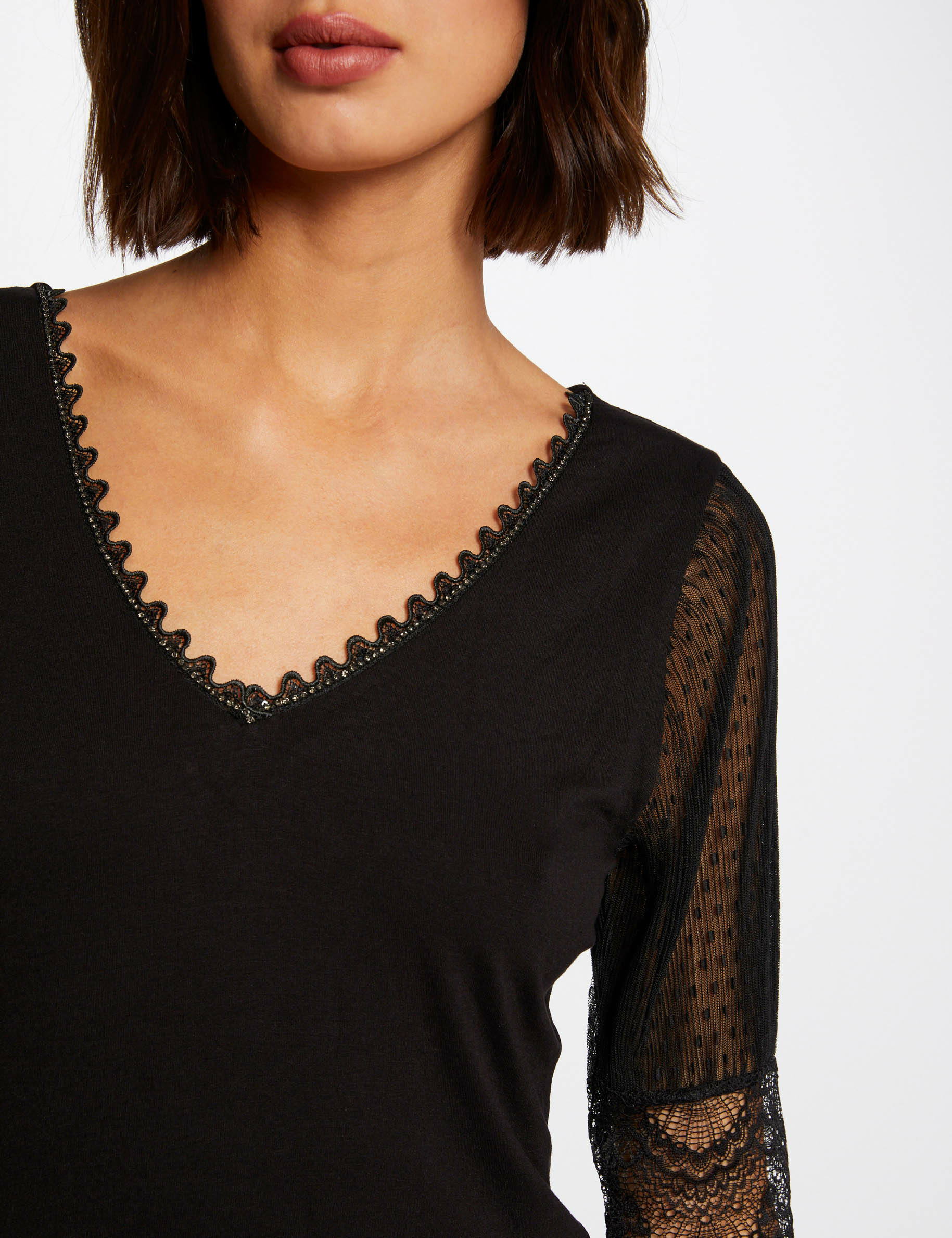T-shirt manches 3/4 à dentelle noir femme