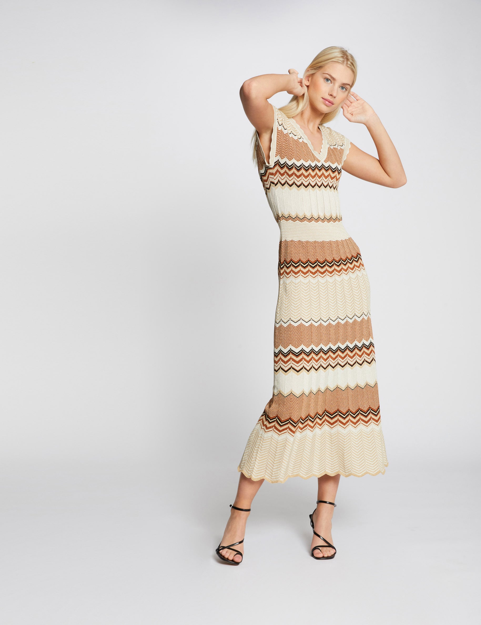 Robe pull longue droite &agrave; rayures marron cognac femme