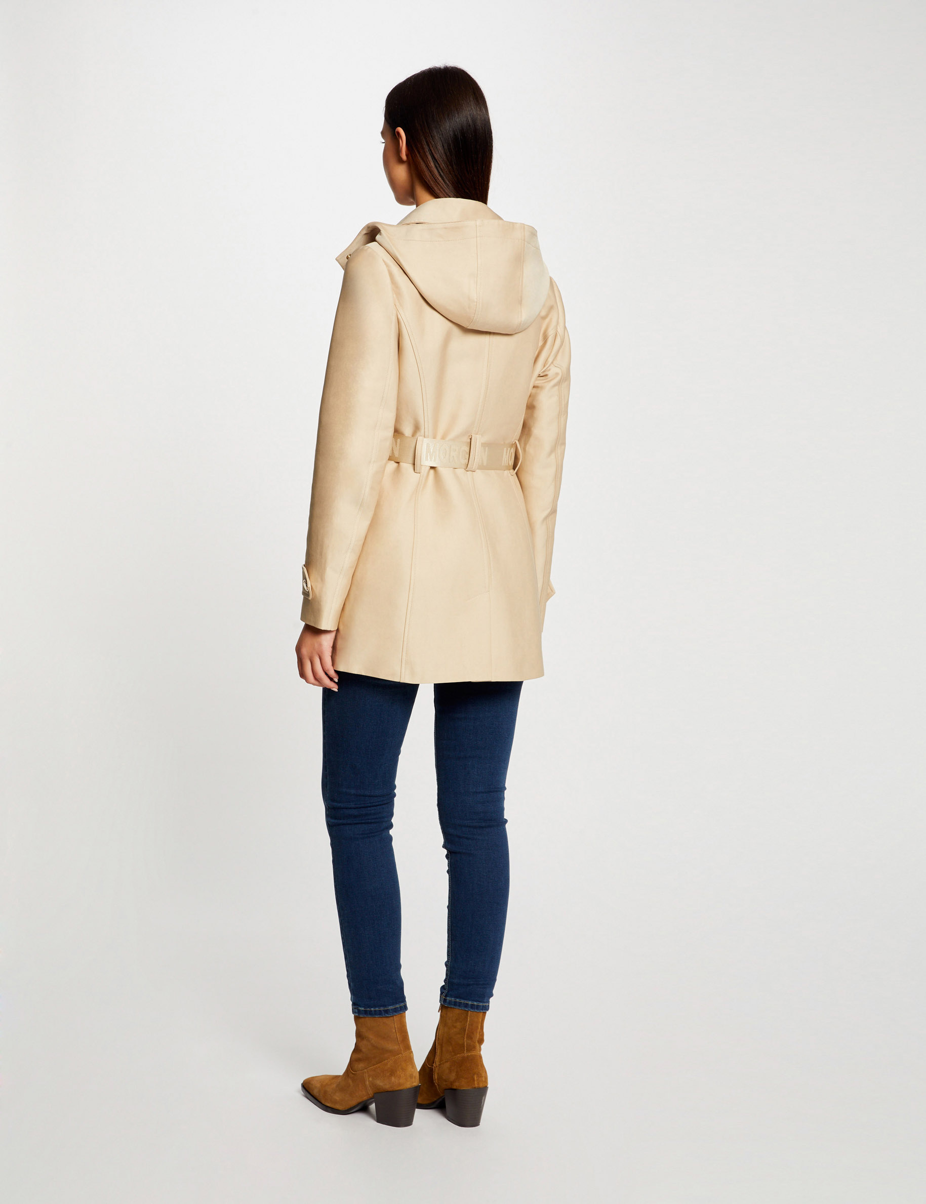 trench droit ceinture a capuche beige femme Trench droit ceinturé à capuche beige femme