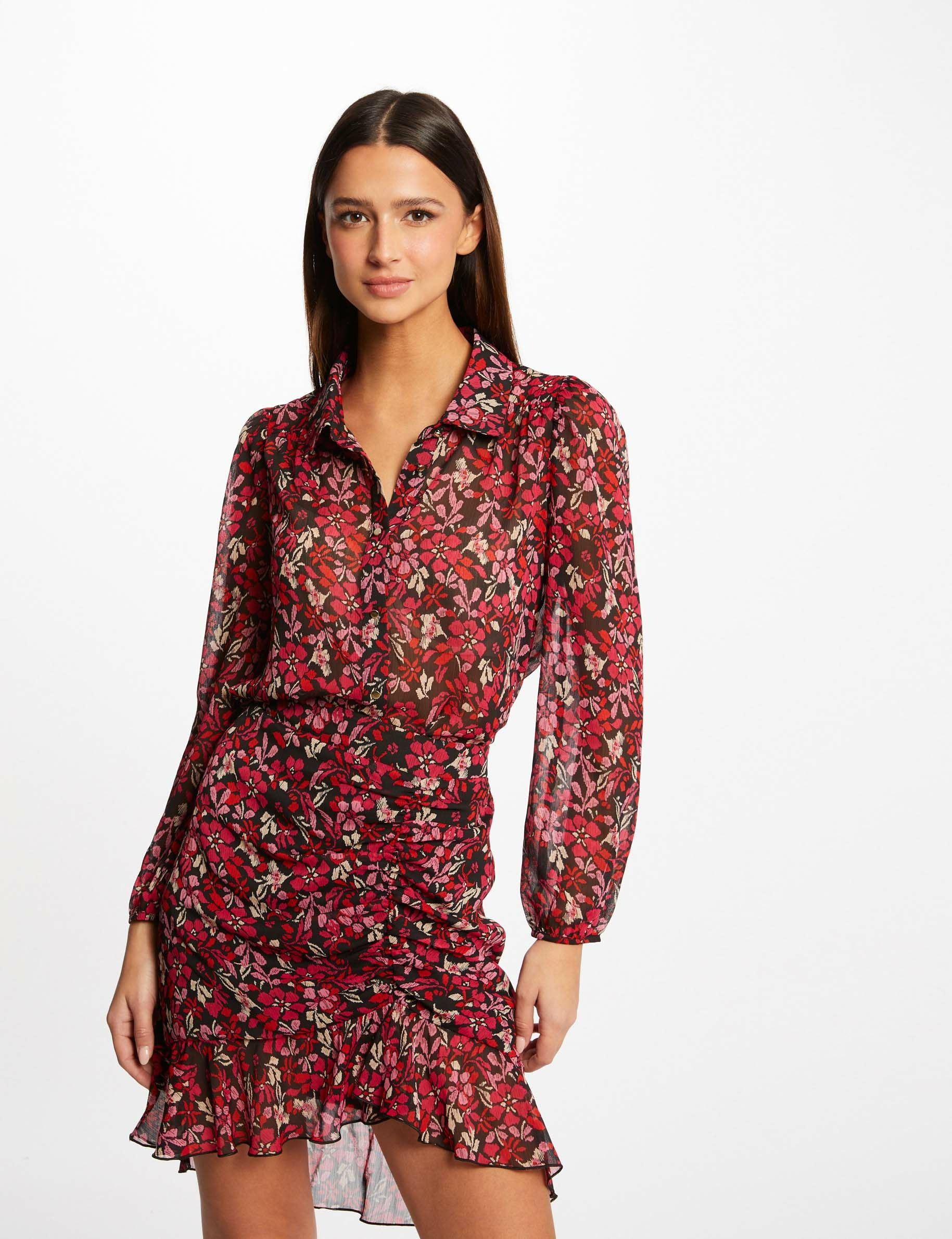 Jupe droite froncée imprimé floral multico femme