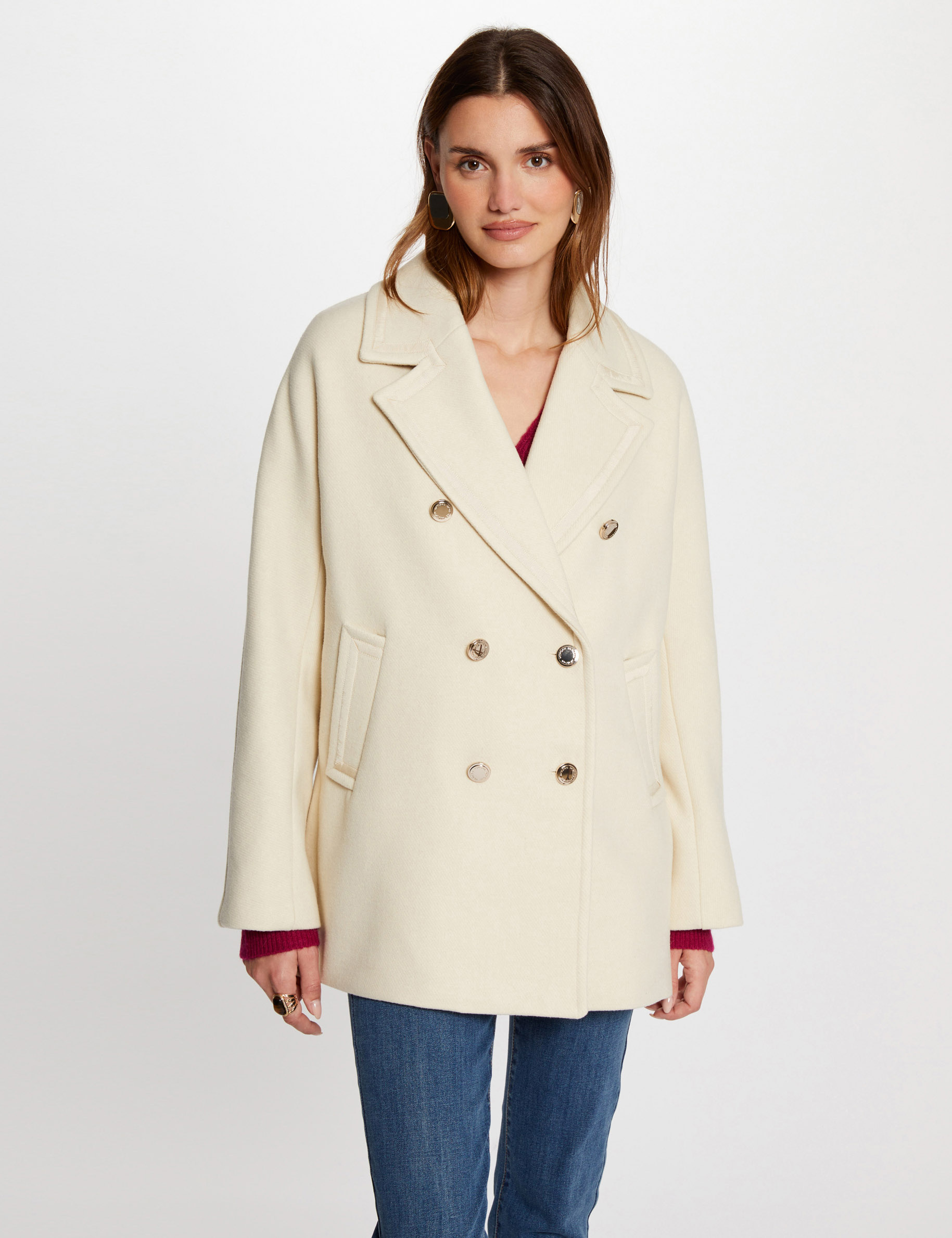 Manteau droit boutonn&eacute; ivoire femme