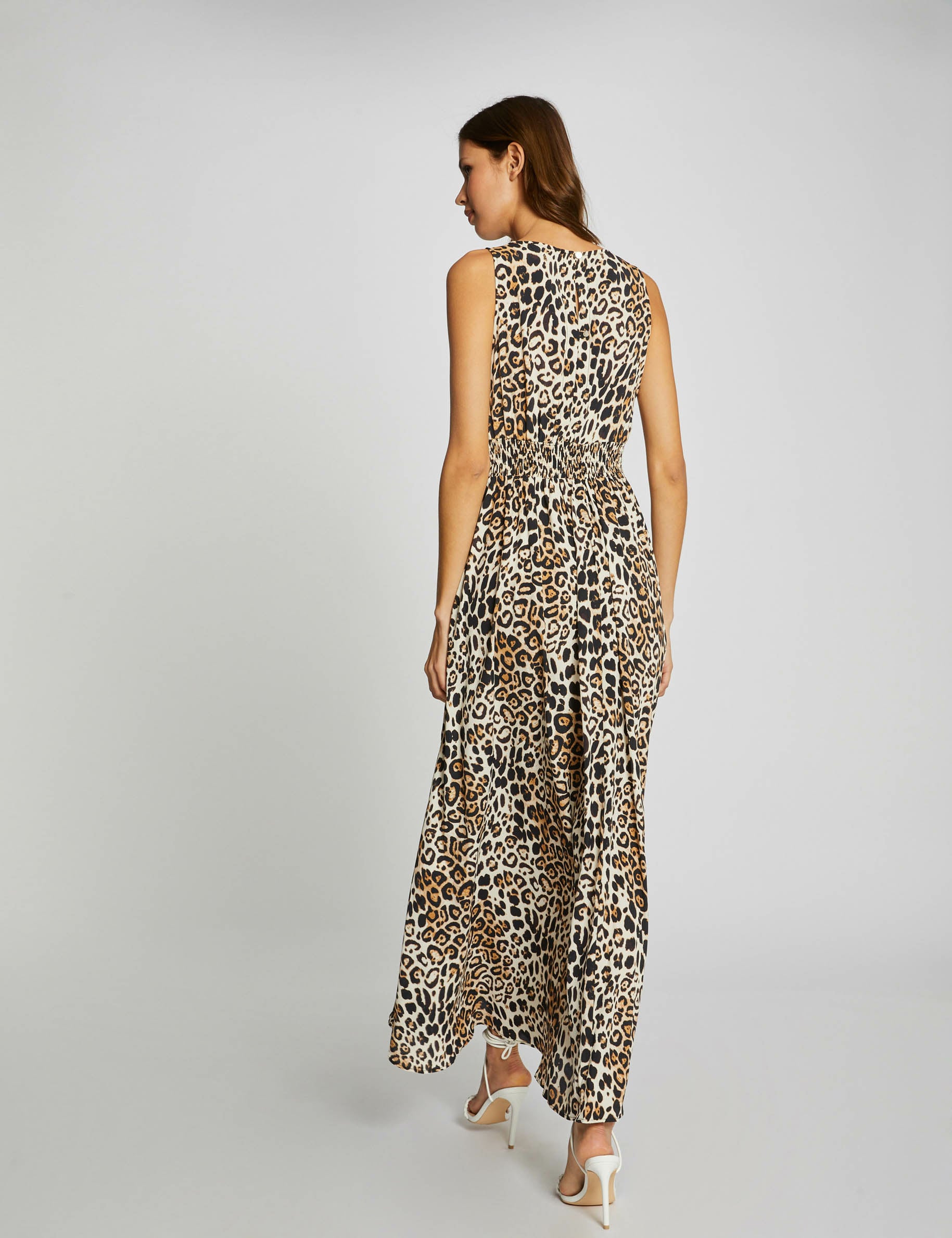 Robe longue évasée imprimé léopard sable femme | Morgan