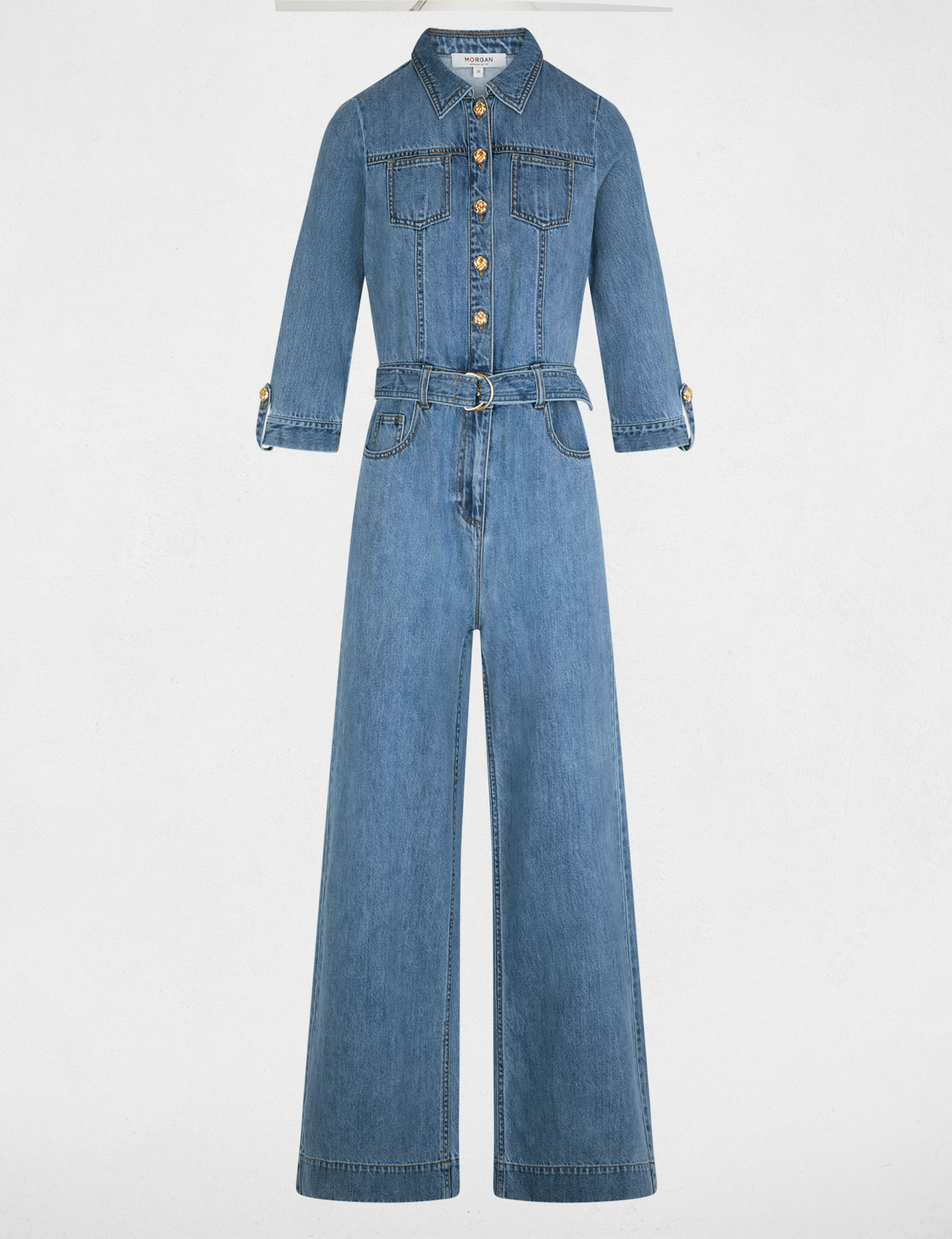 Combinaison jean jambes larges denim stone femme