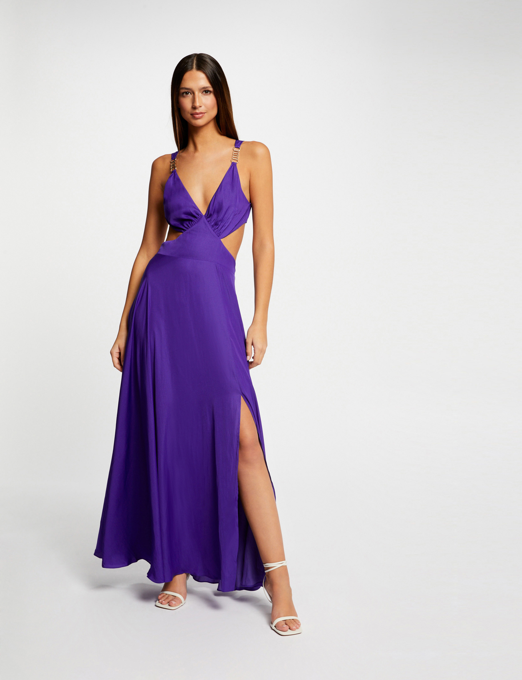 Robe longue évasée avec ouvertures violet fonce femme