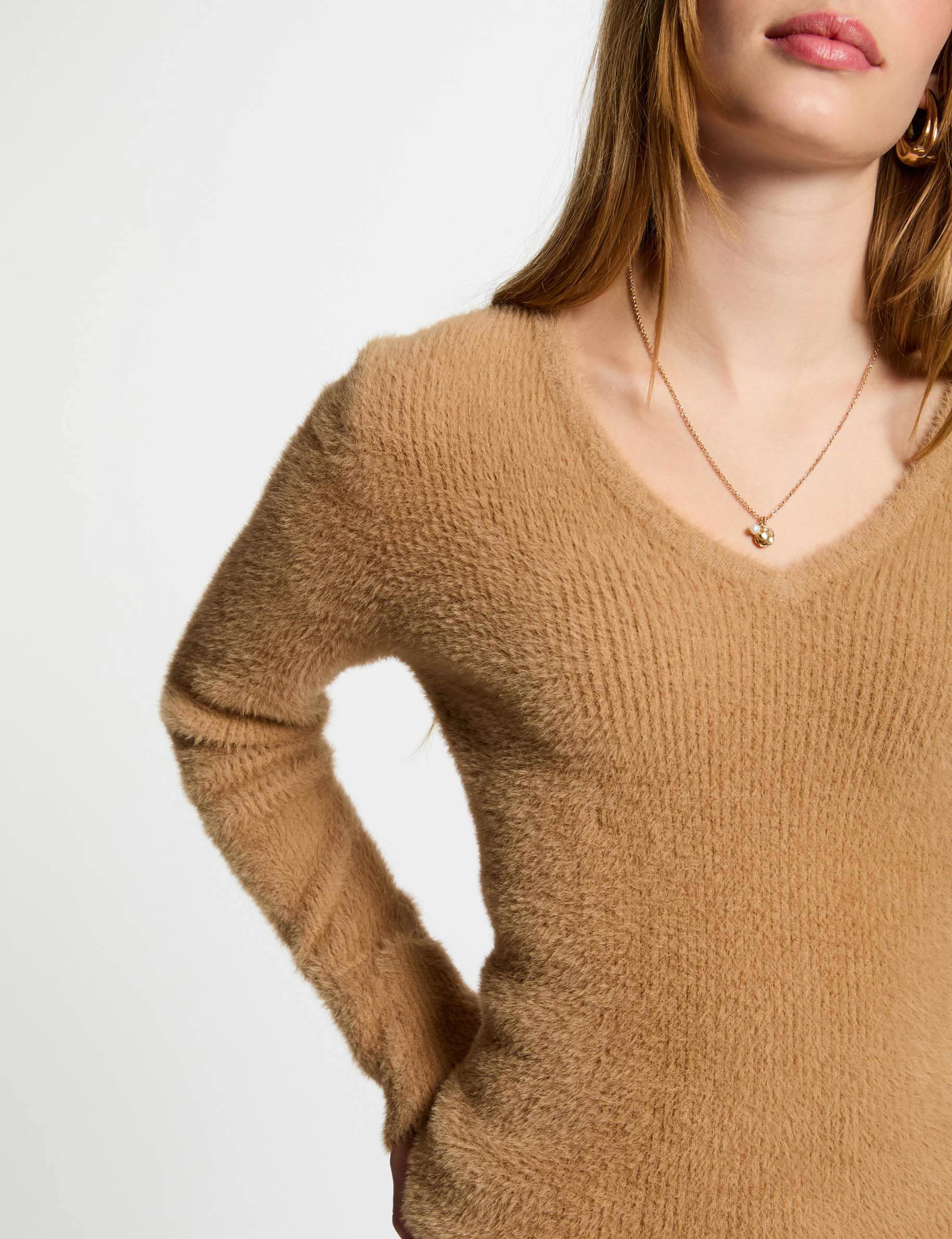 Pull manches longues maille duveteuse camel femme Morgan