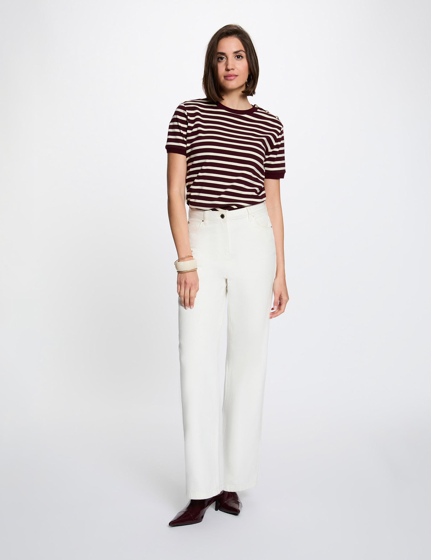 T-shirt ray&eacute; col rond prune femme