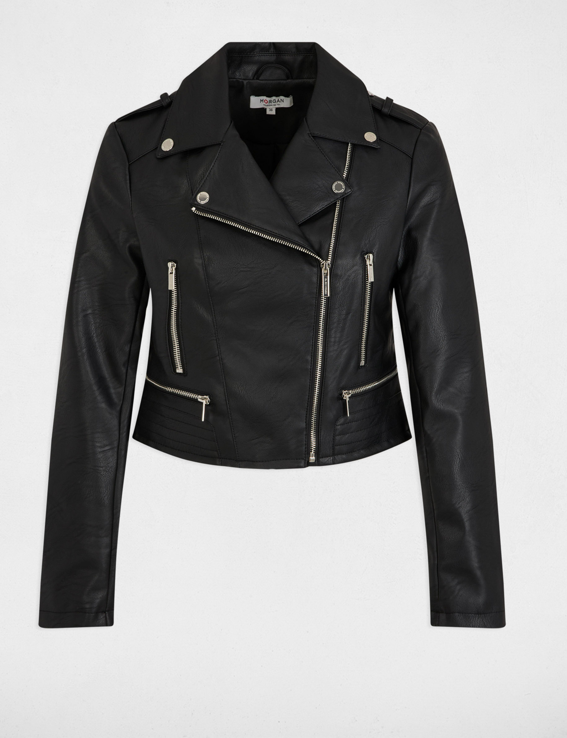 Blouson droit avec col crant&eacute; &agrave; revers noir femme