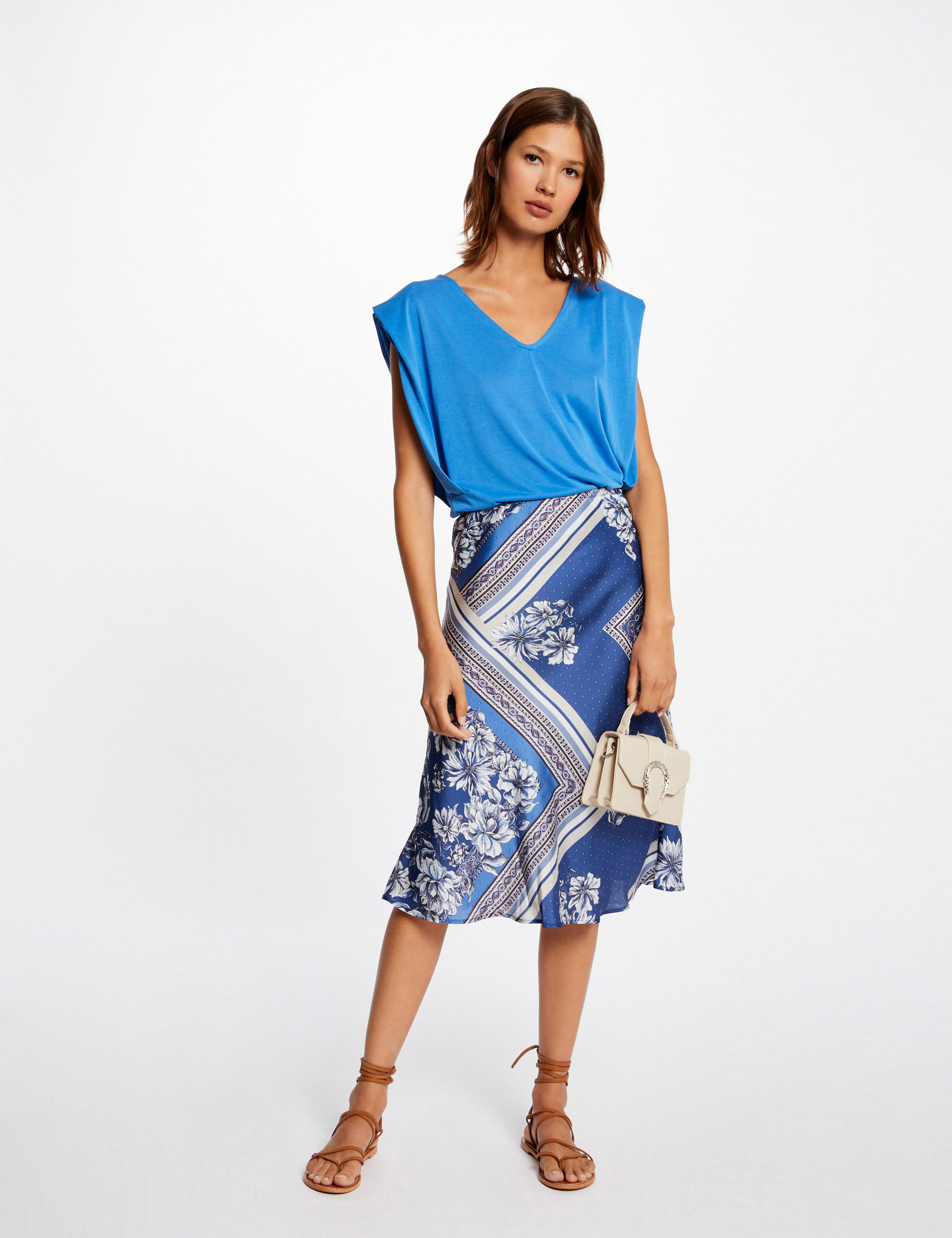 Jupe évasée taille haute imprimé floral bleu femme Jupe évasée taille haute imprimé floral bleu femme