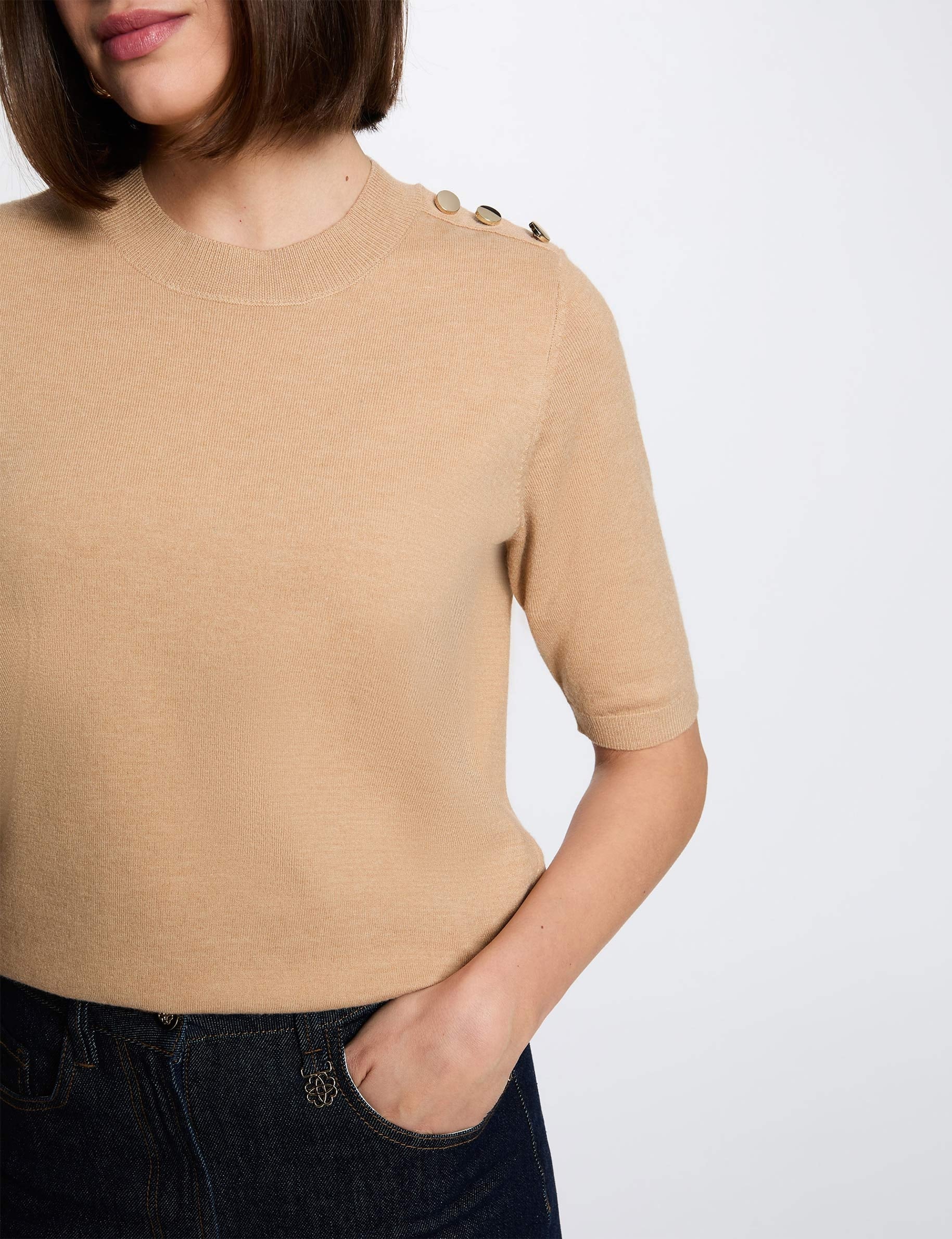 Pull col rond manches courtes beige femme