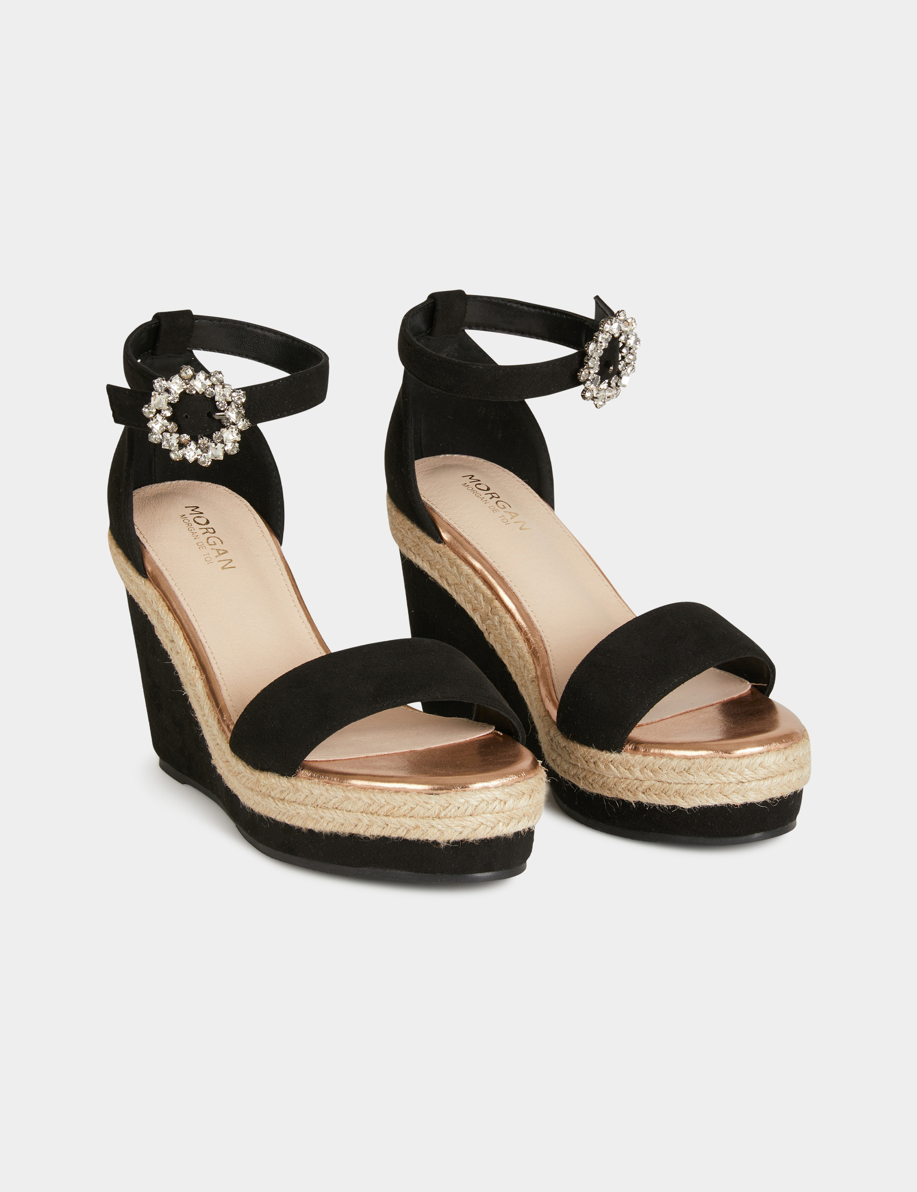 Sandales compensées à boucles strass noir femme Sandales compensées à boucles strass noir femme