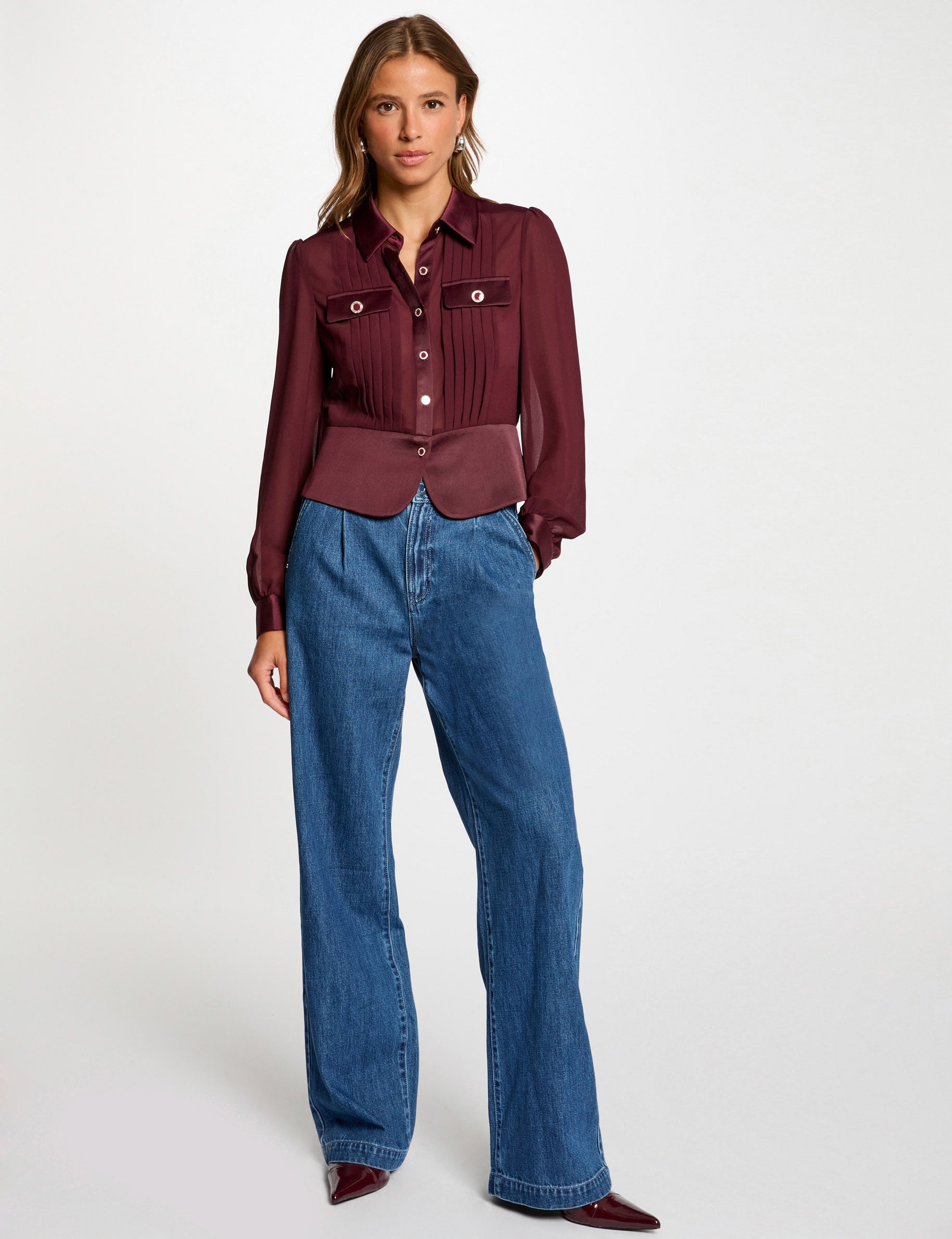Chemise satin&eacute;e cintr&eacute;e prune femme