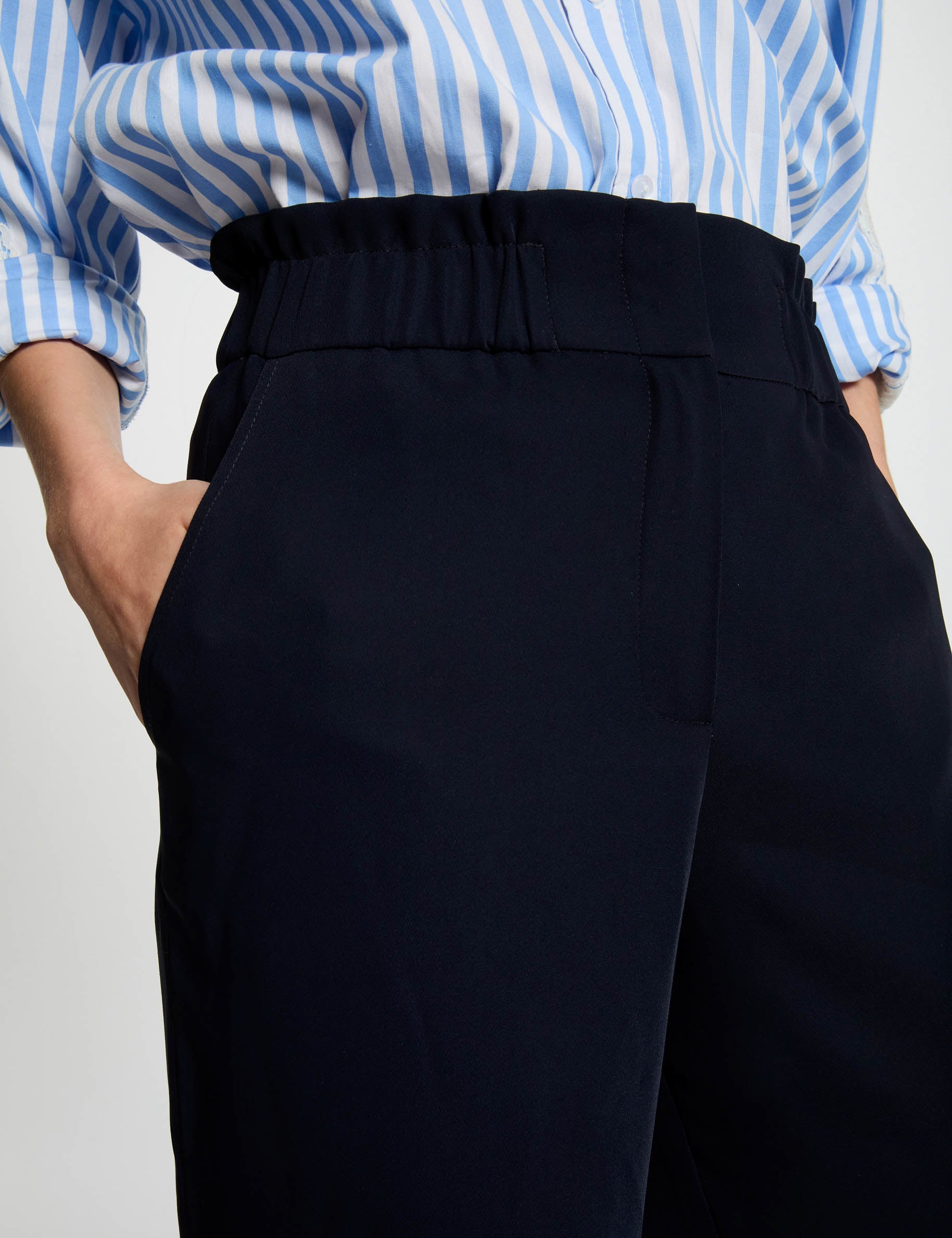 Pantalon large taille haute bleu marine femme