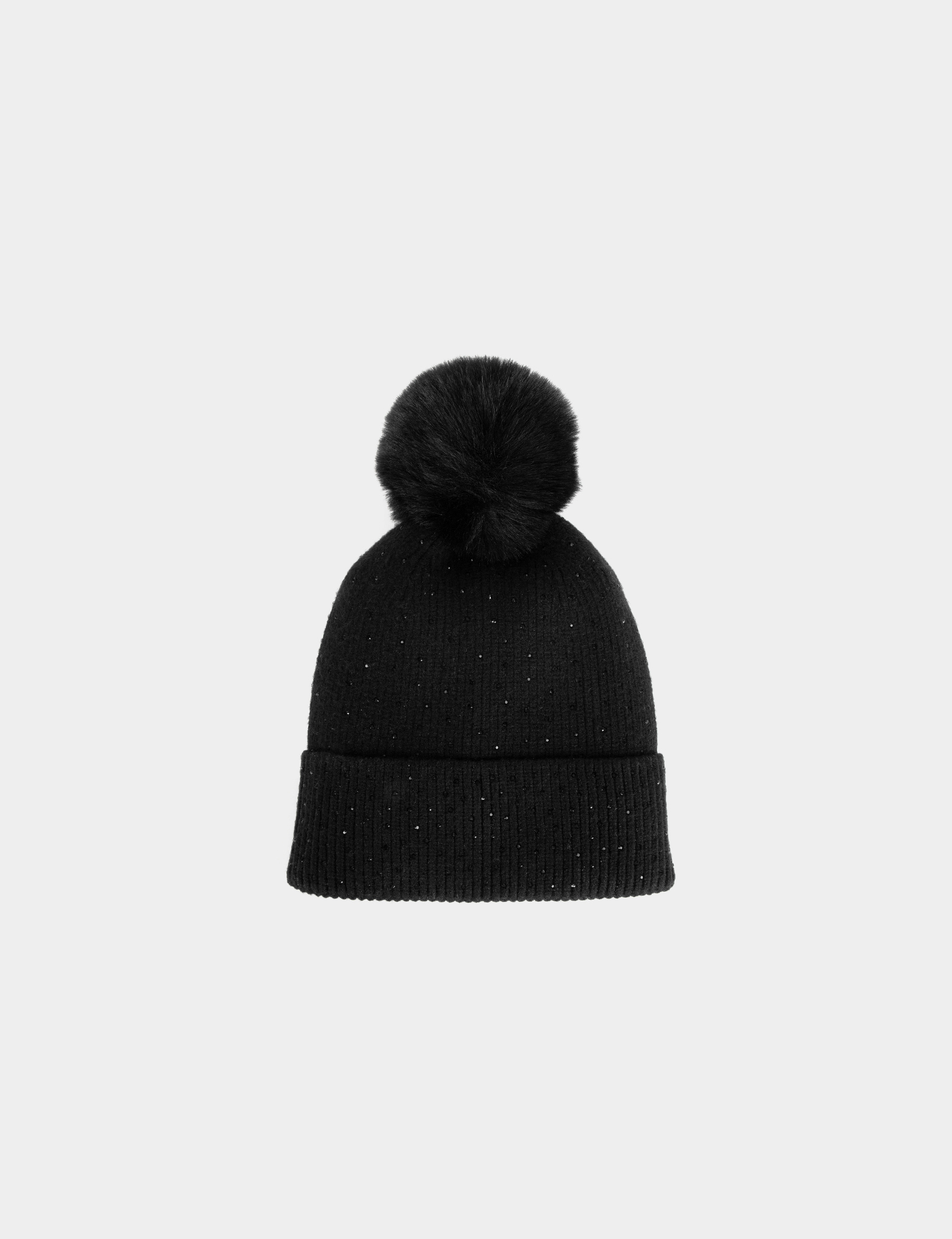 bonnet avec strass et pompon noir femme Bonnet avec strass et pompon noir femme