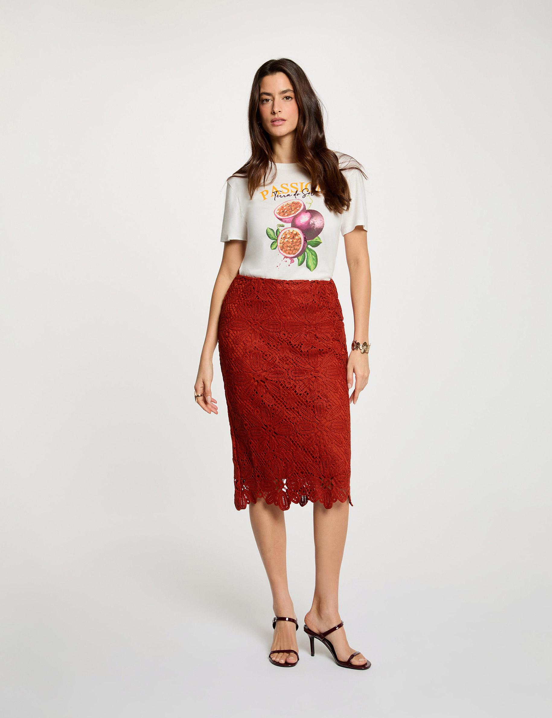 Jupe midi dentelle orange fonc&eacute; femme