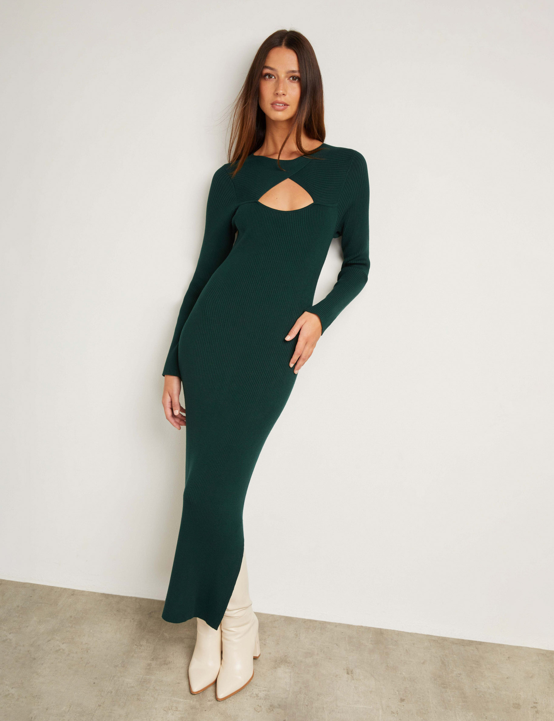 Robe pull longue ajustée à ouverture vert fonce femme