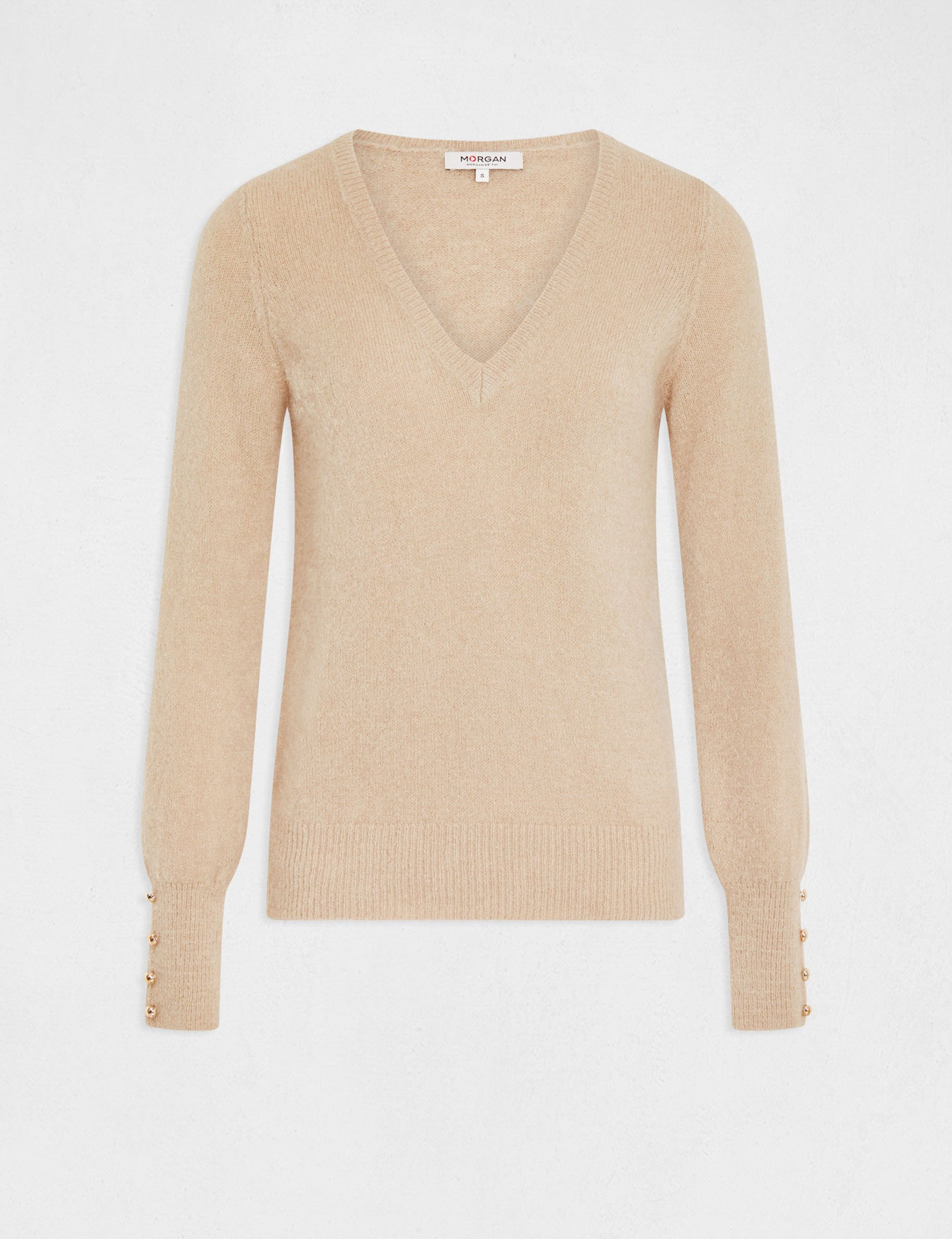 pull manches longues col en v beige femme Pull manches longues col en V beige femme