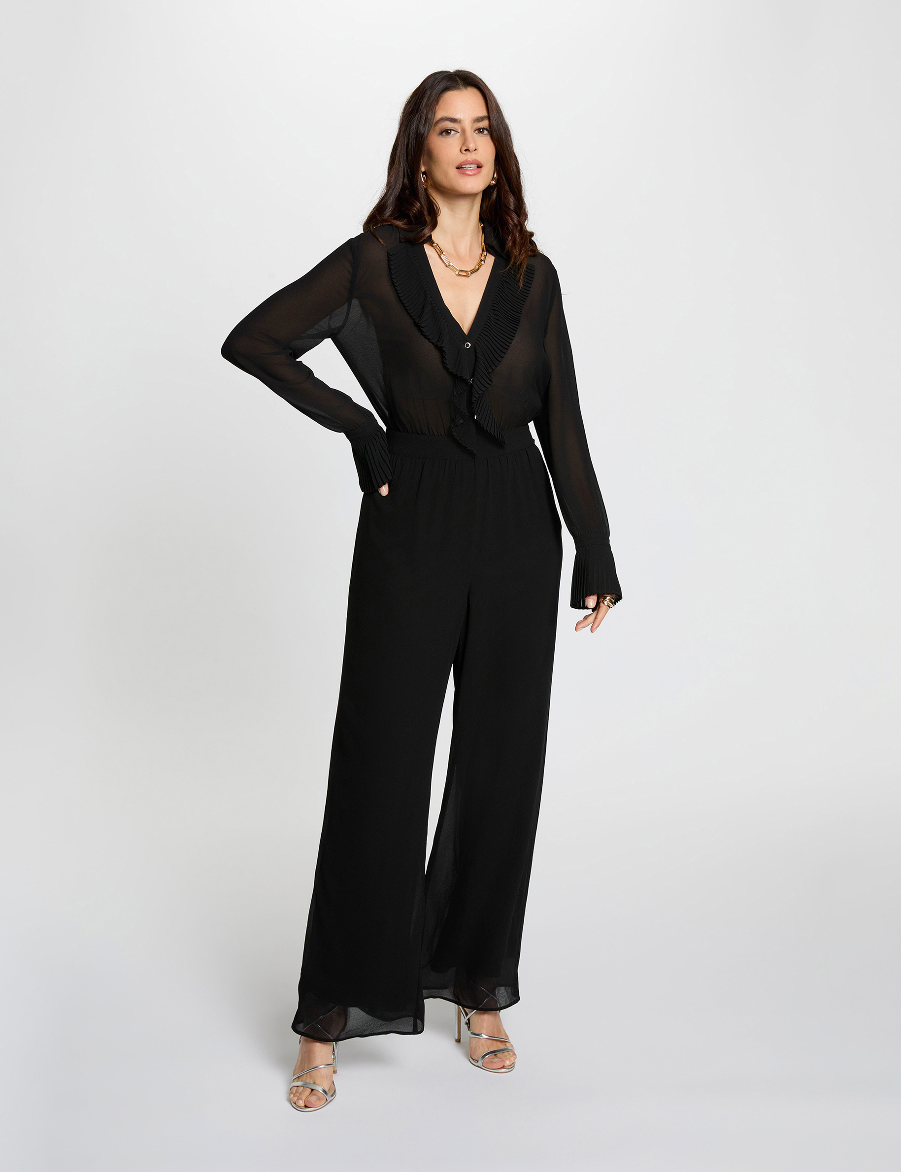 Combinaison fluide col &agrave; revers noir femme