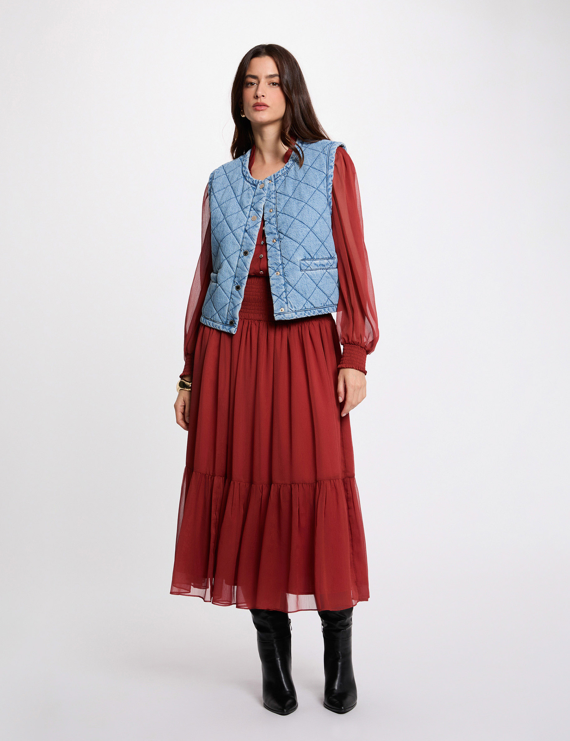 Veste matelass&eacute;e sans manches denim stone femme