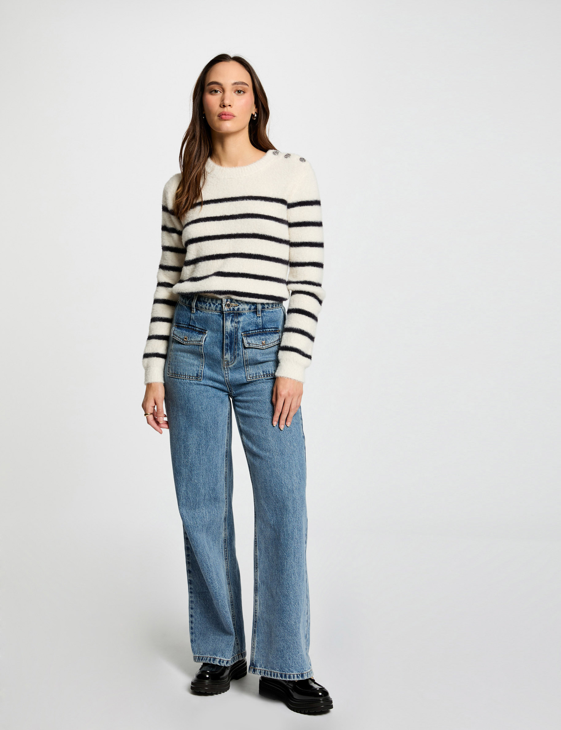 pull col rond a rayures ecru femme Pull col rond à rayures ecru femme