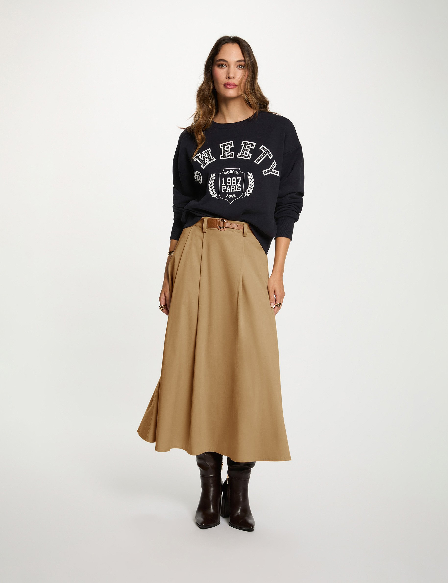 Jupe évasée taille haute beige femme Morgan