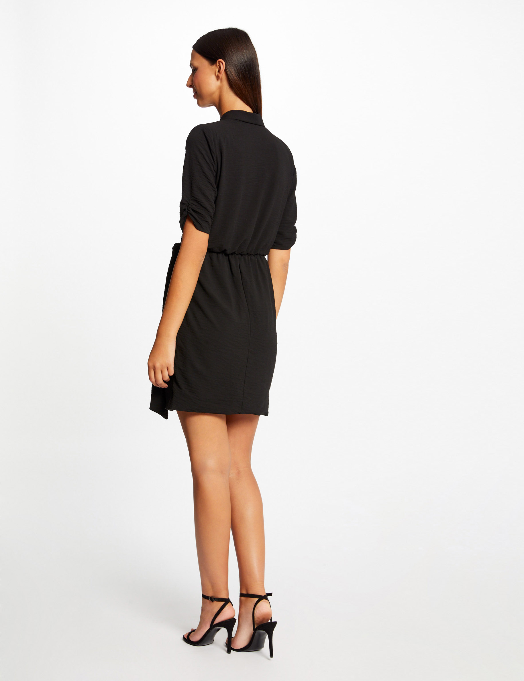 Robe courte manches 3/4 et ceinture à nouer femme - Noir