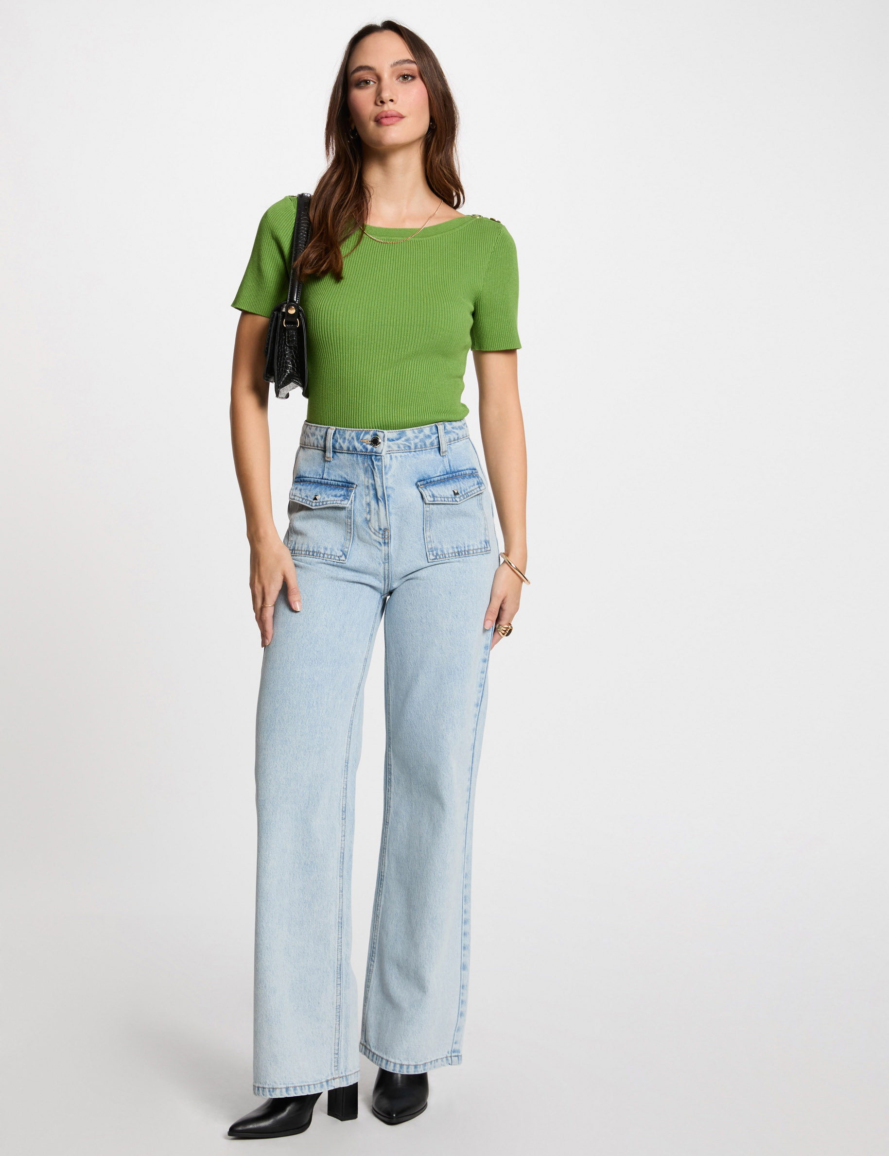 pull col bateau et boutons vert anis femme Pull col bateau et boutons vert anis femme