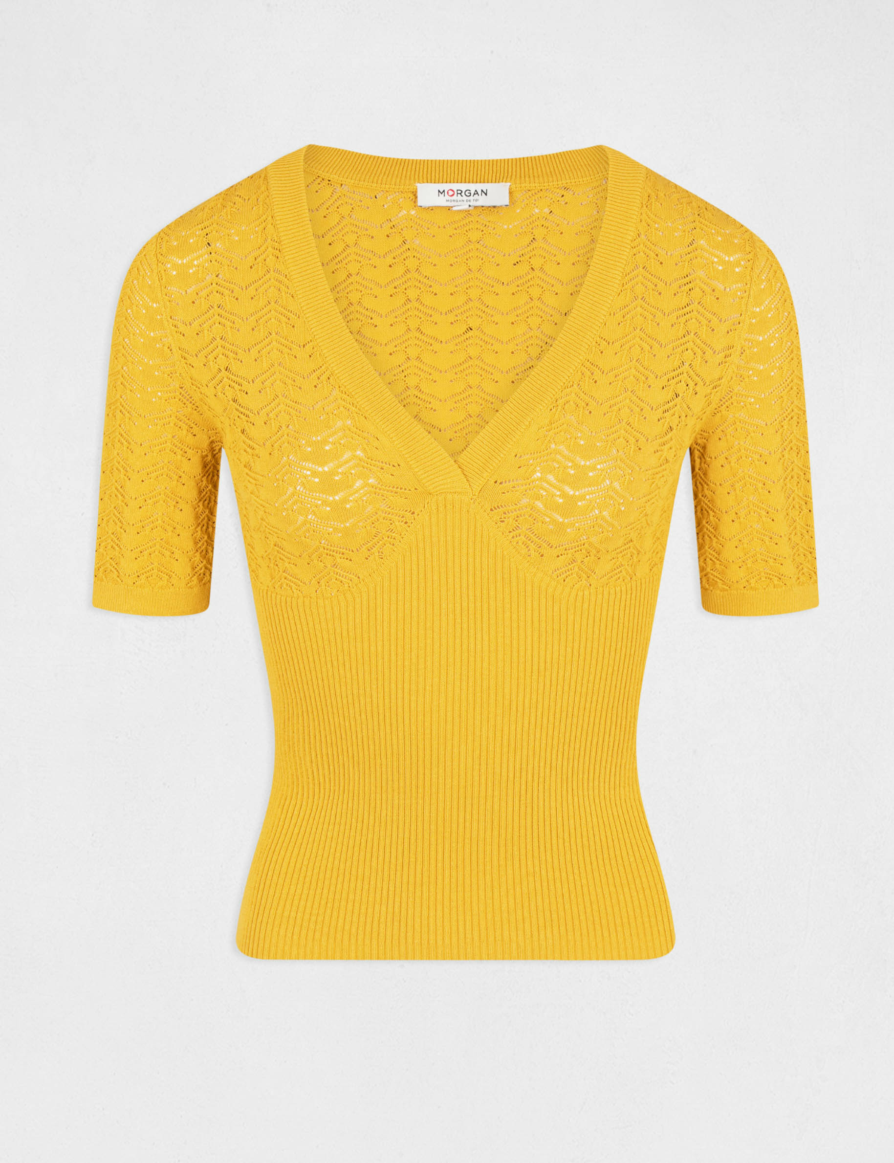 pull manches courtes a details ajoures jaune femme Pull manches courtes à détails ajourés jaune femme