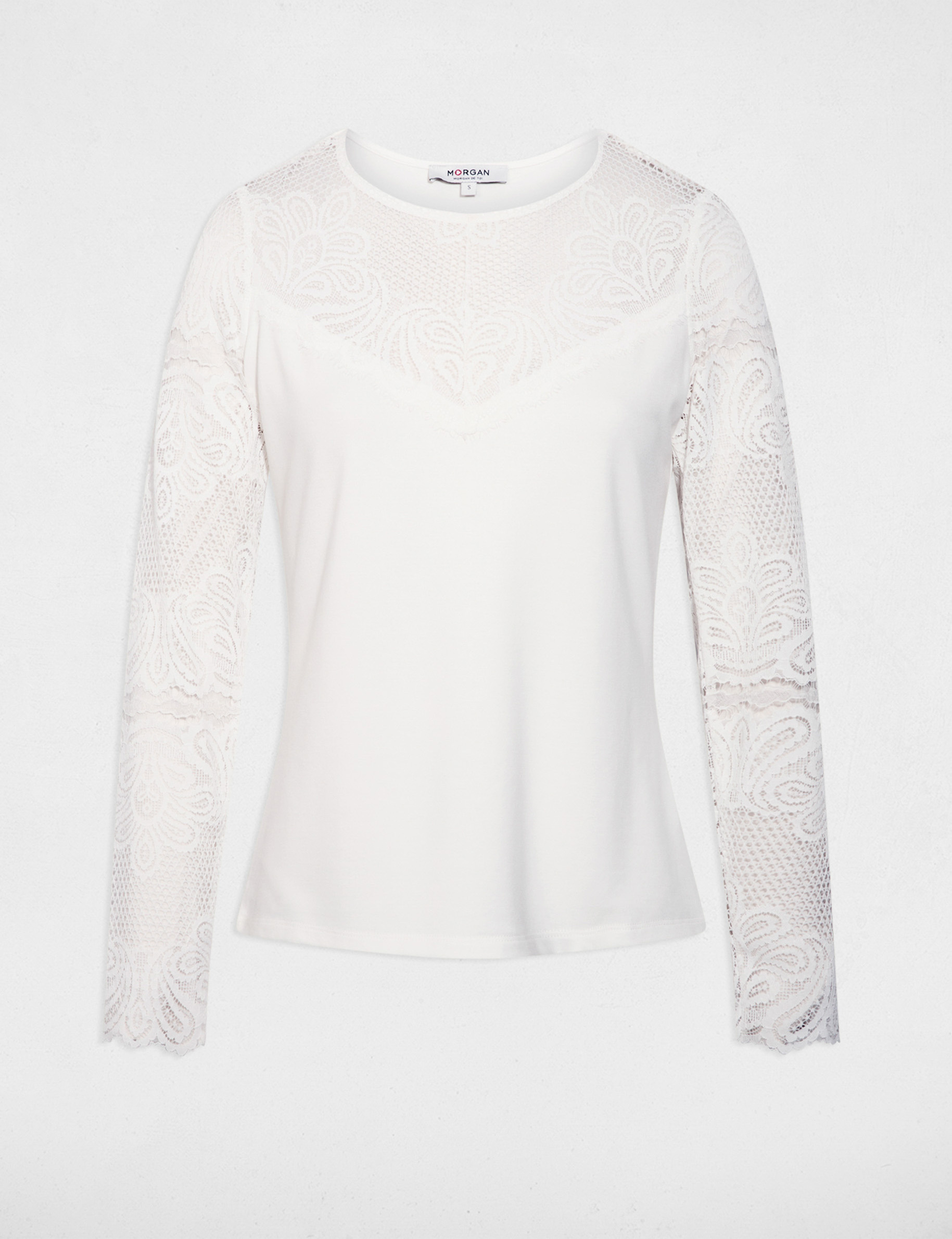 T-shirt dentelle manches longues blanc femme