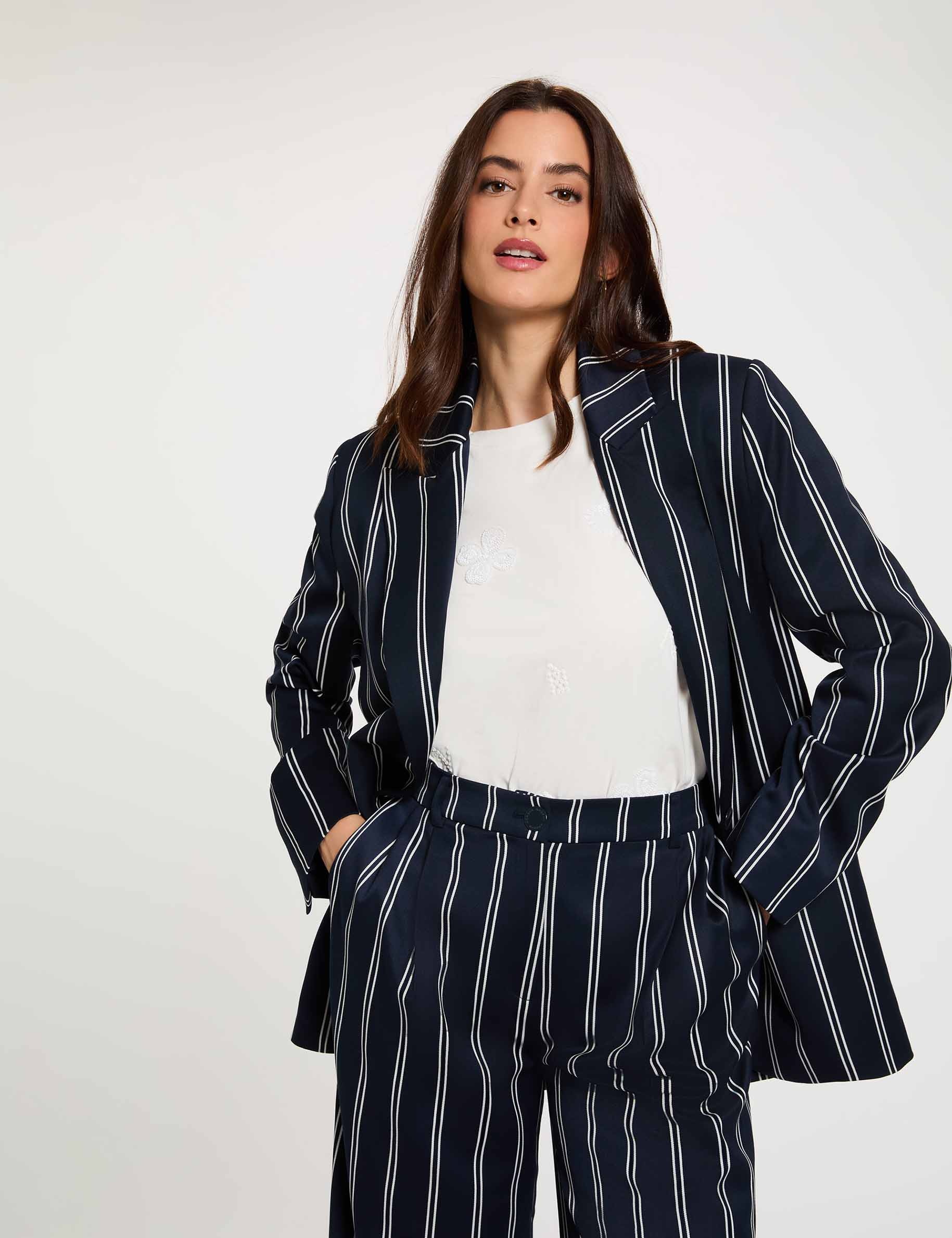 Blazer ray&eacute; col tailleur bleu marine femme